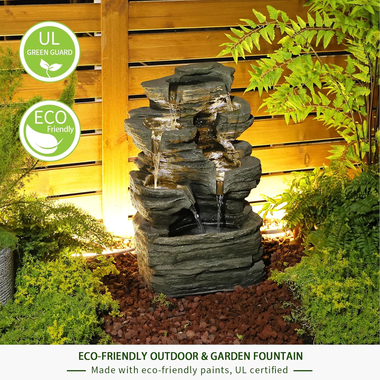 Bumilgar 6 Tier Cascading Rock Solar Water Fountain Outdoor Garden Waterfall Decor for Garden, Patio, Backyard, Deck, Porch and Home Art Decor,24.4" H Outdoor Fountain with LED Lights