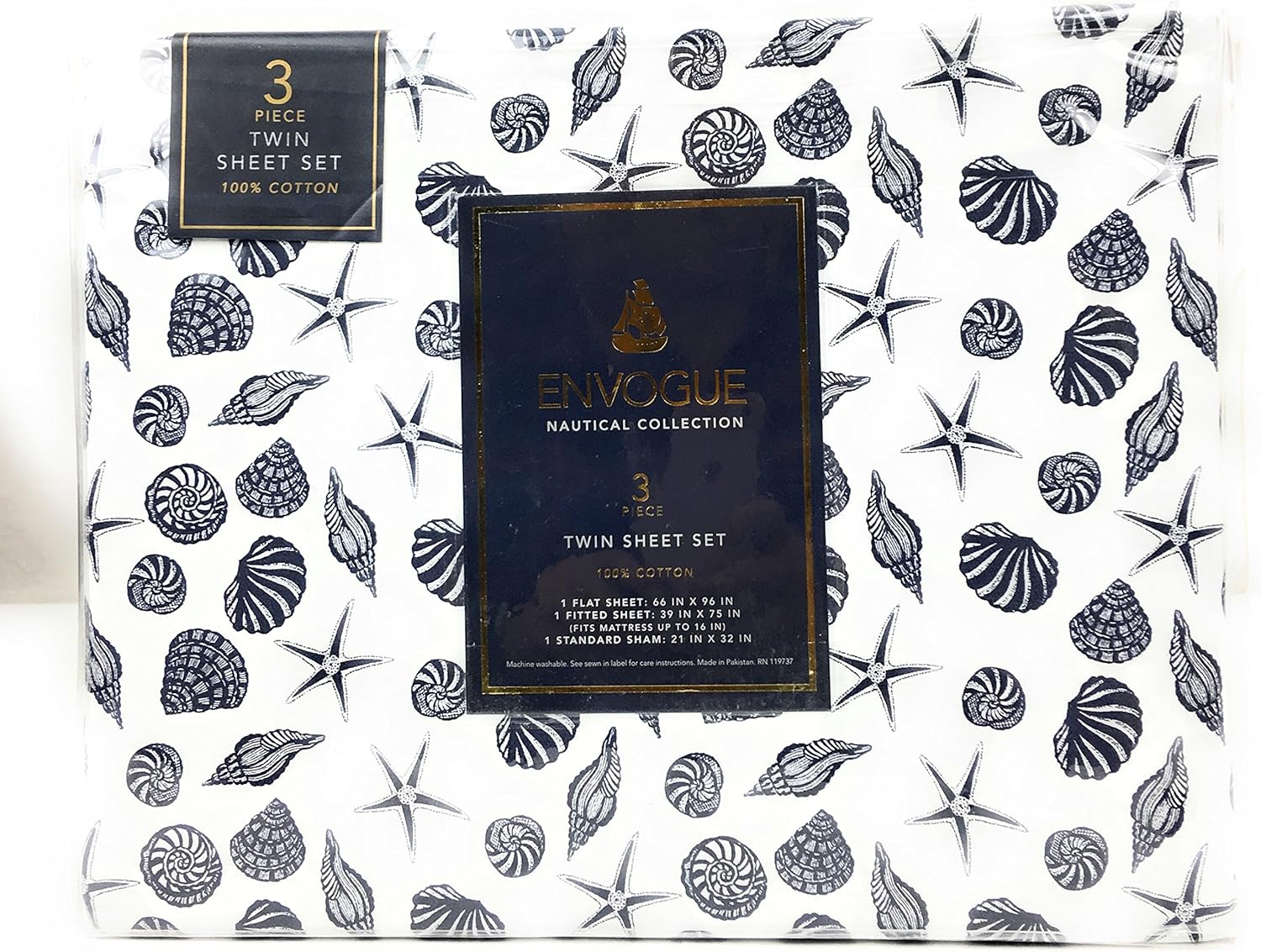 Envogue Nautical Collection 100% Cotton Sheet Set Shell Stamp Indigo Blue Seashells Starfish on White (Twin)
