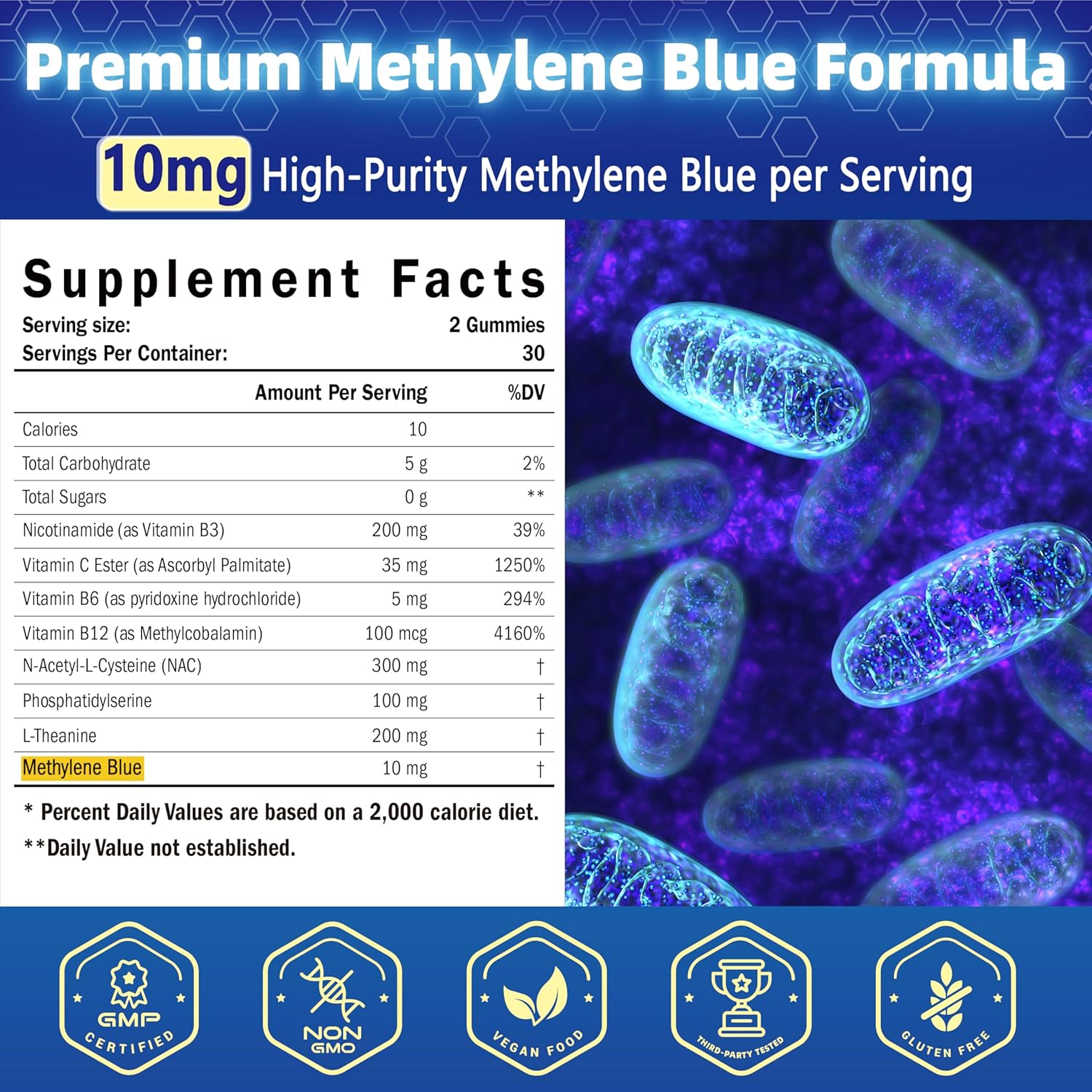 Methylene Blue Gummies 10mg for Humans, 8-in-1 Brain Supplements with NAC, B3, B6, B12, L-Theanine & PS, Brain & Mitochondrial Support, Enhances Energy, Focus and Cognitive, Pure, Vegan, 60 Counts