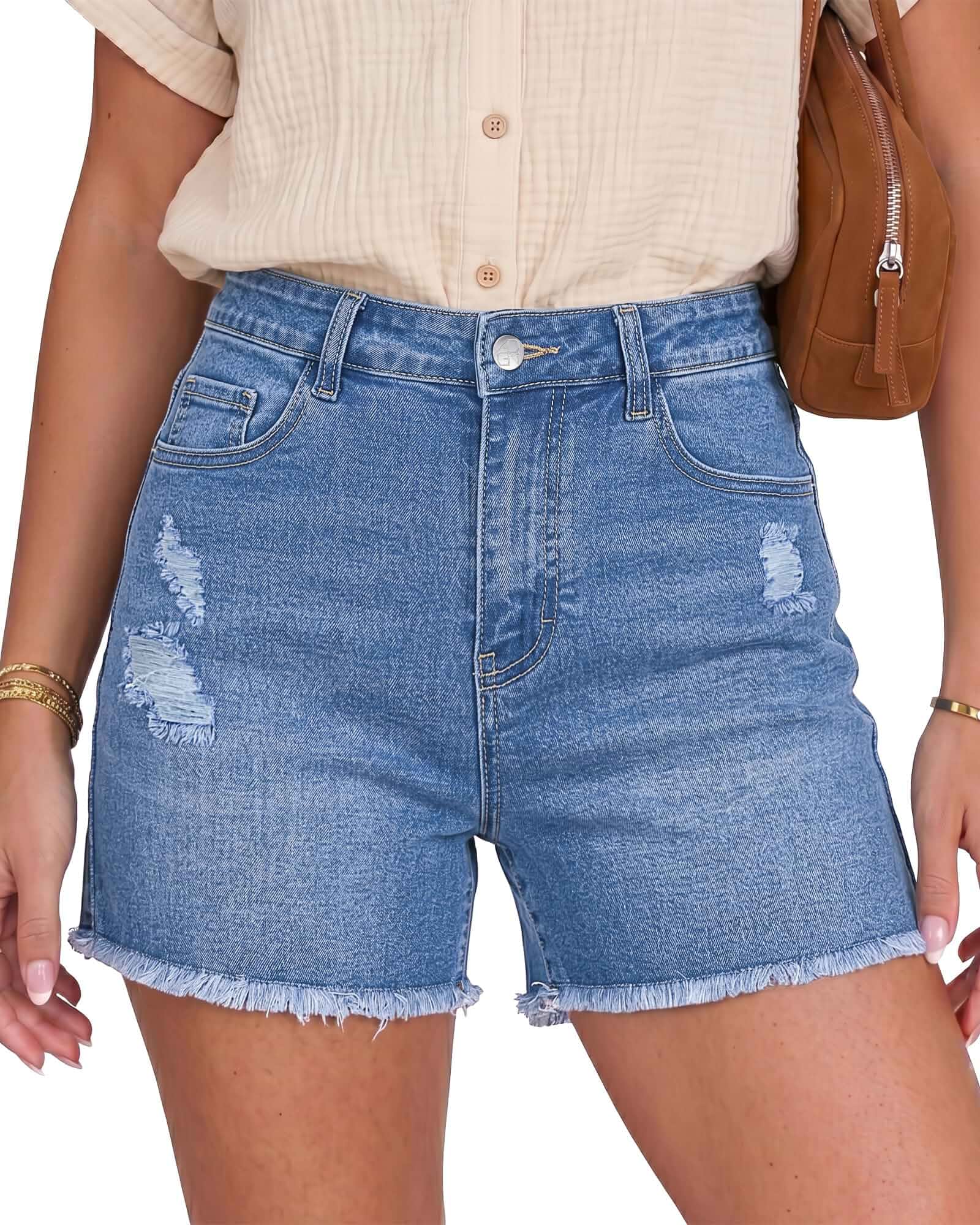 GRAPENT Jean Shorts Womens High Waisted Ripped Cut Off Stretchy Denim Jorts High Waisted, Stretch, 4 Inch Inseam, Distressed, Denim Fabric, 5 Pockets, Fray Hem, Concert Outfits, Western Outfits