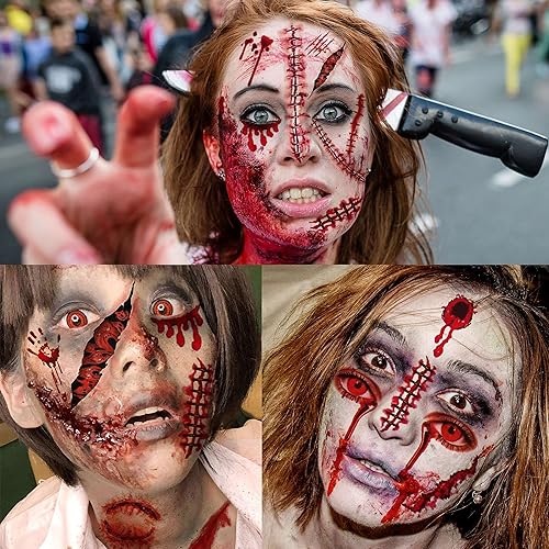 Miniatura 3 de 215 piezas de 30 hojas de cicatrices falsas 3D tatuaje temporal de Halloween, kit de maquillaje temporal de Halloween, costuras falsas, tatuajes