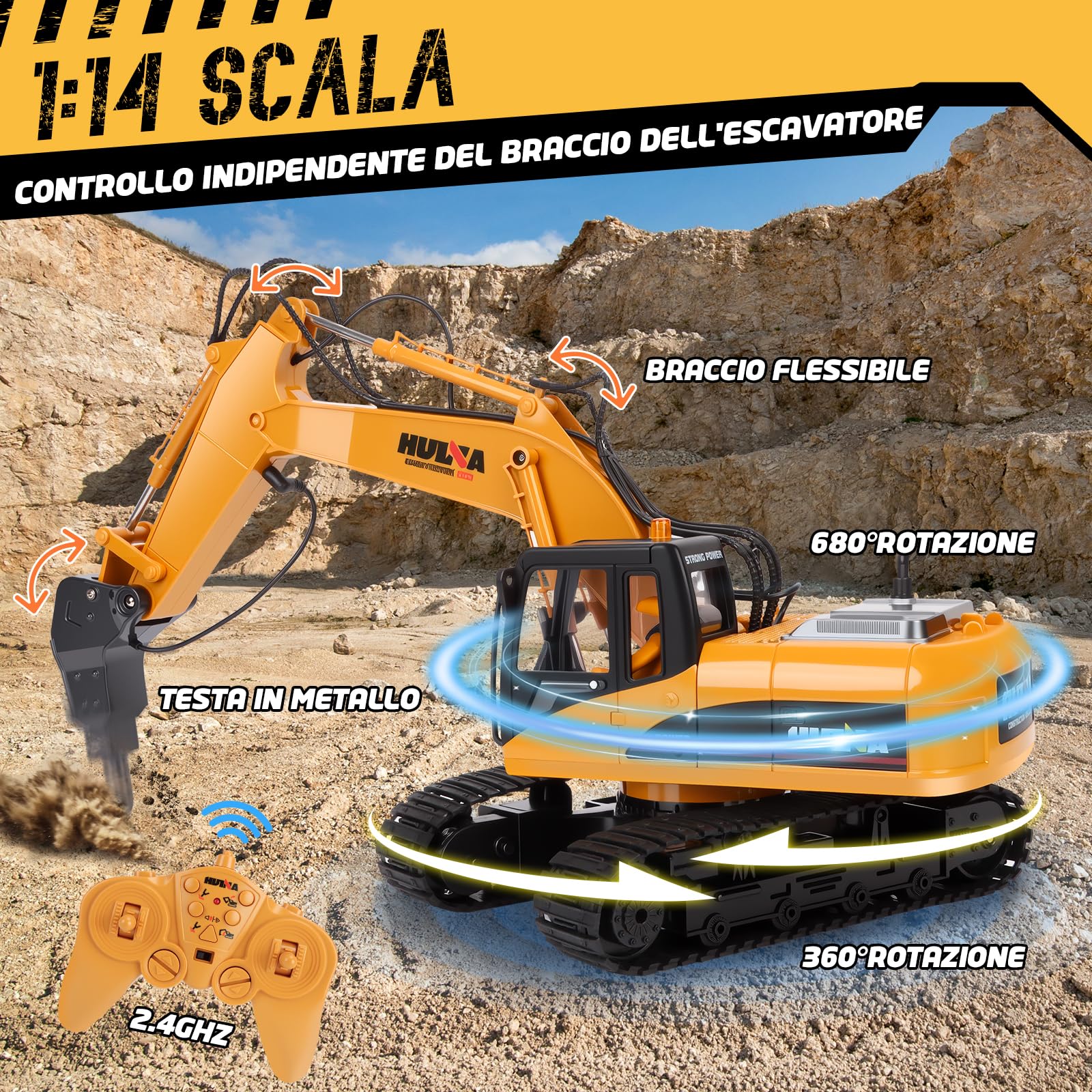 FORMIZON 2.4G Hz 15CH Escavatore Radiocomandato Benna, Martello Idraulico, Presa per Legno 3-in-1 Metallo Accessori Ruspa Escavatore Giocattolo Regalo Bambino 8 9 10 11 12 Anni Maschio