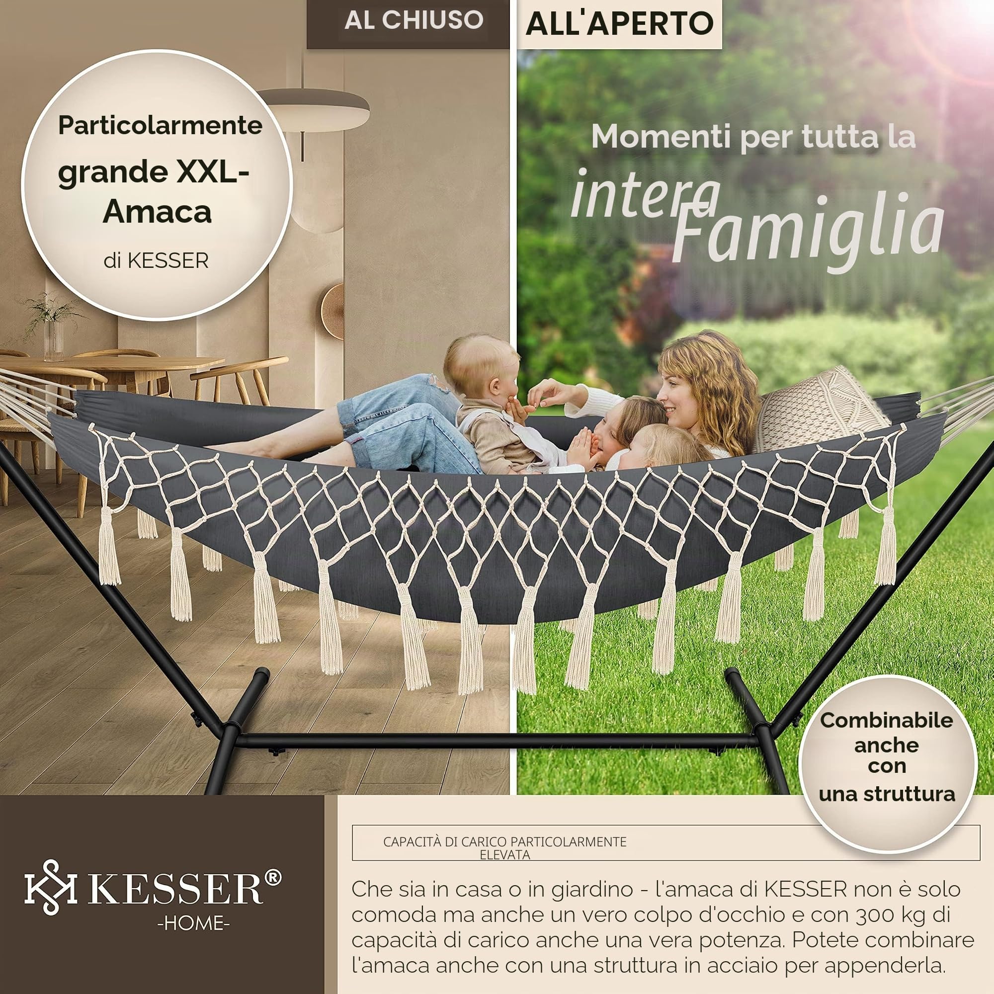 KESSER® Amaca capacità di carico 300 kg 320x150 cm capacità di carico max 300 kg, 1-2 persone, traspirante, resistente alle intemperie, ideale per campeggio giardino, amaca in tessuto, antracite