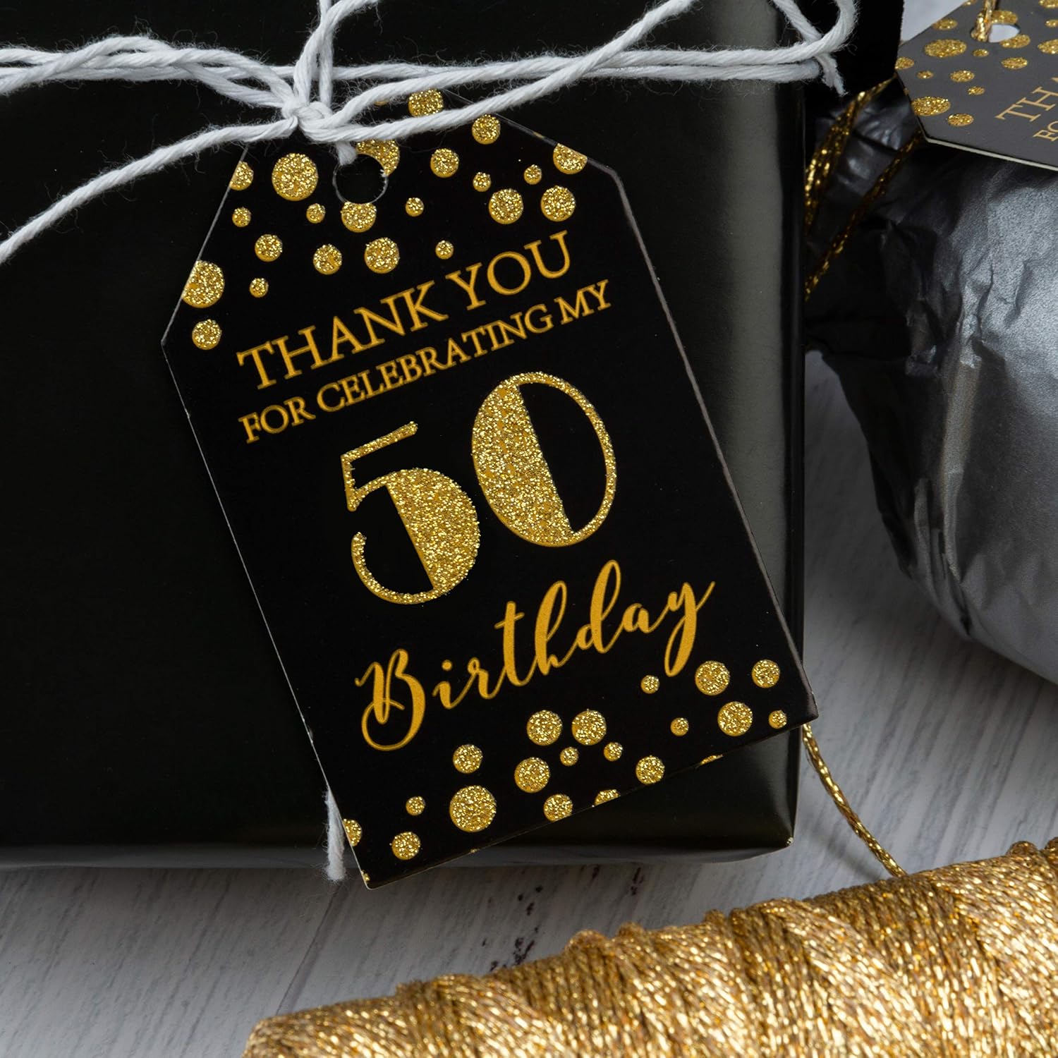 WRAPAHOLIC Gift Tags with String - 100PCS 50th Birthday Paper Tags with 100 Feet Natural Jute Twine for Birthday, Anniversary, Party Favors