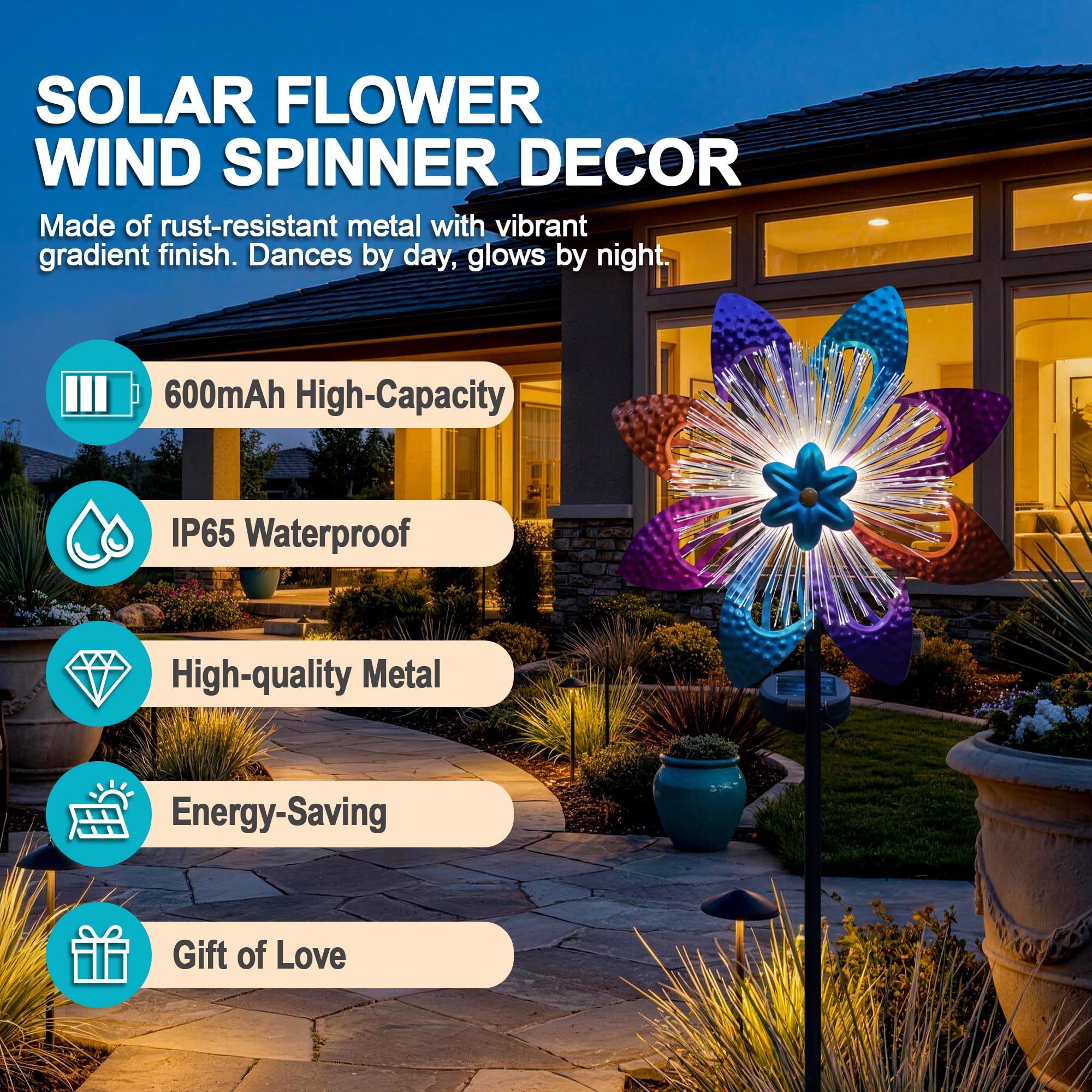 Molinillos de viento solares para exteriores, 42 x 9.5 pulgadas de alto, esculturas y molinillos de viento de metal, molinillos de viento giratorios de jardín para decoración de patio, decoración de