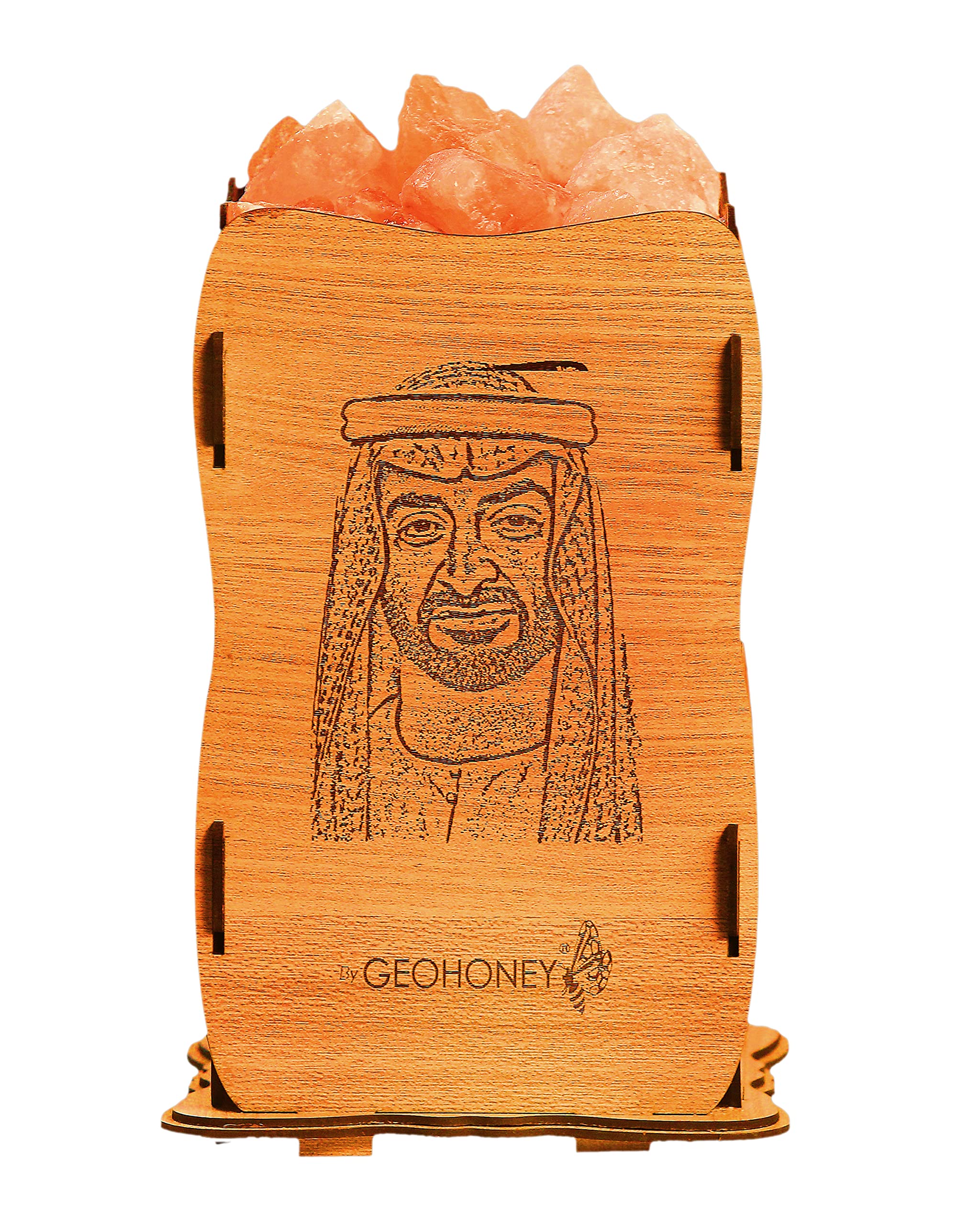 Geohoney Himalayan Salt Lamp with Wooden Basket - Sheikh Muhammad bin Zaid Photo GH-CSL-063, Yellow