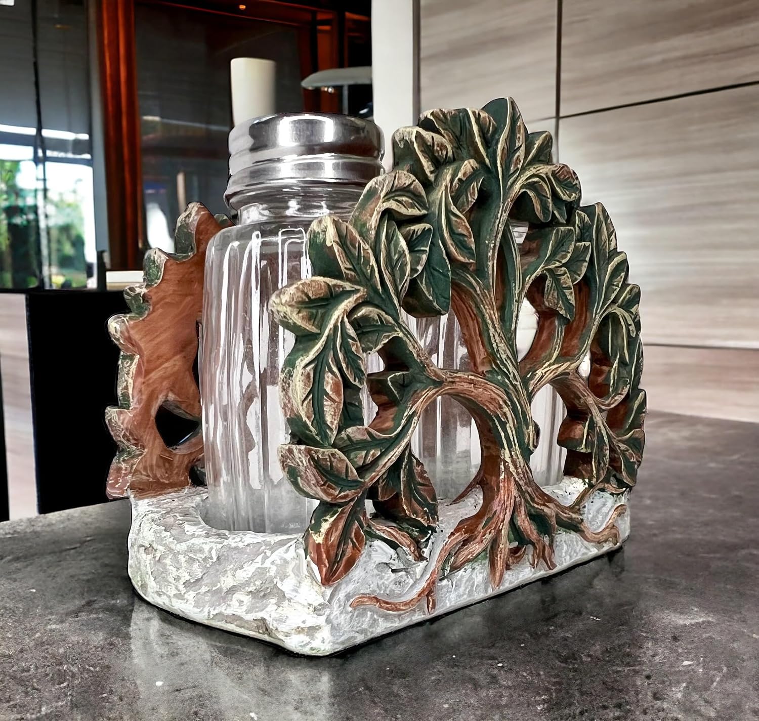 Tree of Life Salt and Pepper Shaker Set - Holder and Two Glass Shakers with Stainless Tops – Decorative Modern Rustic Celtic Spiritual Art