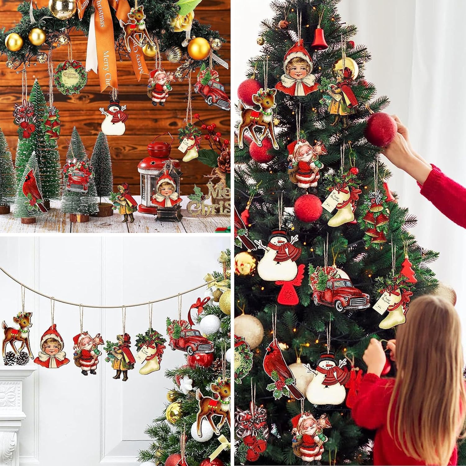 24 Pcs Wooden Christmas Ornaments Vintage Christmas Decorations for Tree, Xmas Santa Claus Snowman Bell Elk Hanging Wood Cutouts Decor for Christmas Home Winter Holiday Party Supplies - Image 7