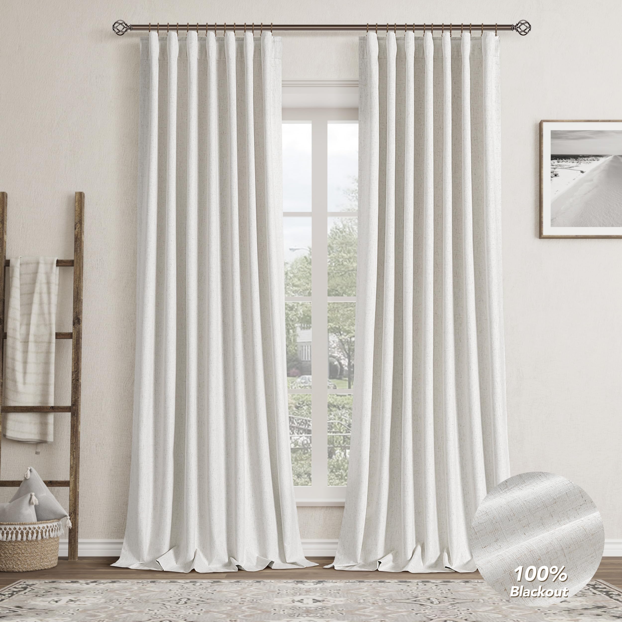 Nanspring Cream Linen Blackout Curtains 96 Inches Long for Bedroom 2 Panels Set Back Tab Thermal Insulated Farmhouse Window Curtain Floor to Ceiling Length for Living Room Sliding Glass Door 8 Ft