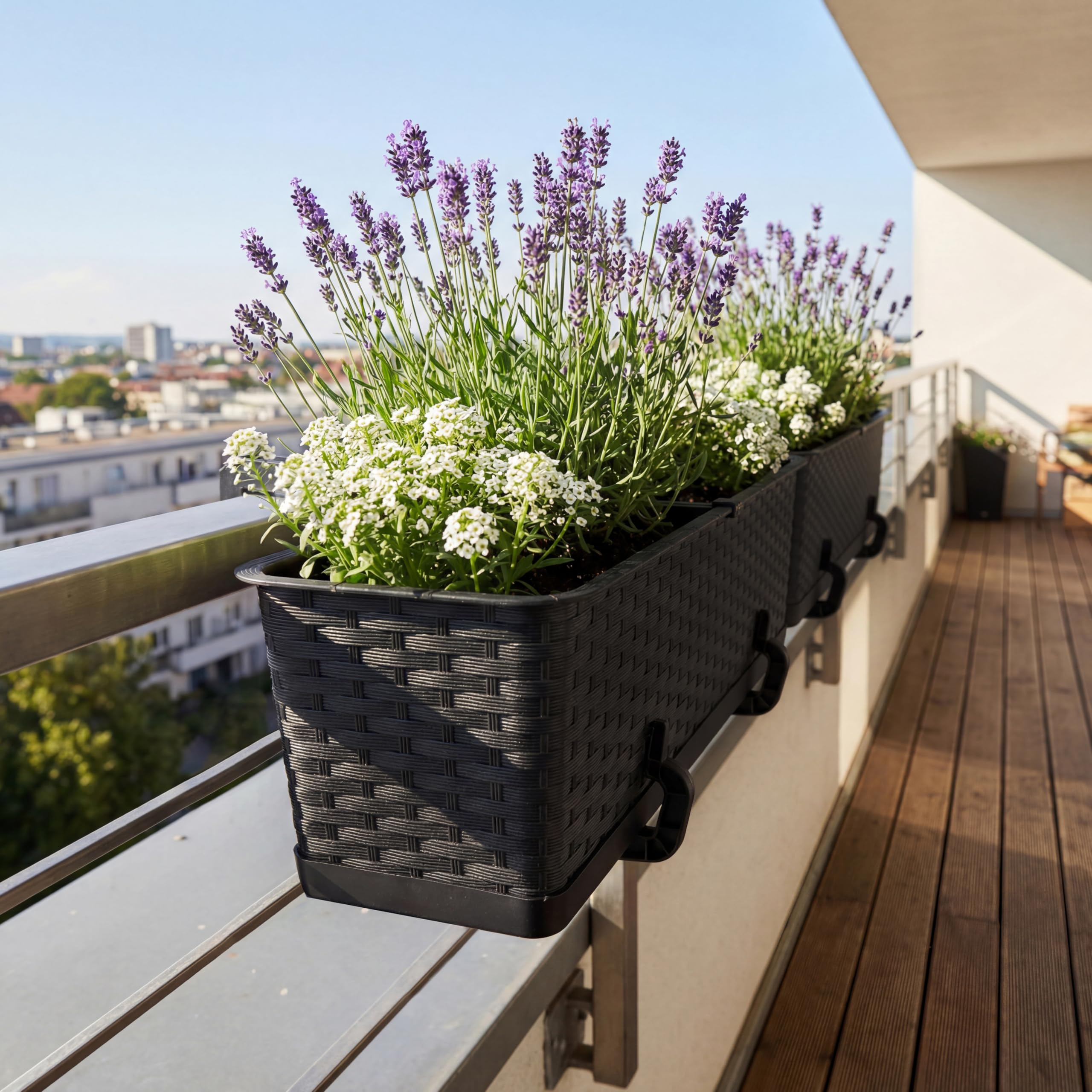 Blumenkasten Balkon Set 4 X 69 cm x 17 cm | Pflanzkasten wetterfest mit Untersetzer und Halterung | Balkonkasten in Rattanoptik für die stilvolle Bepflanzung von Terrasse und Balkon | Anthrazit