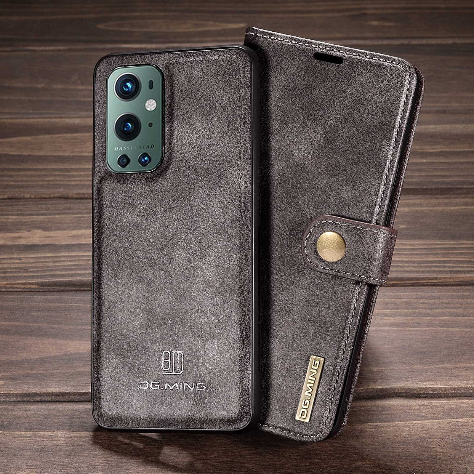 DG.MING for Oneplus 9 Pro Genuine Leather Wallet Case, Detachable 2 in 1 Split Leather Wallet Phone Cover,Magnetic Pouch Shell