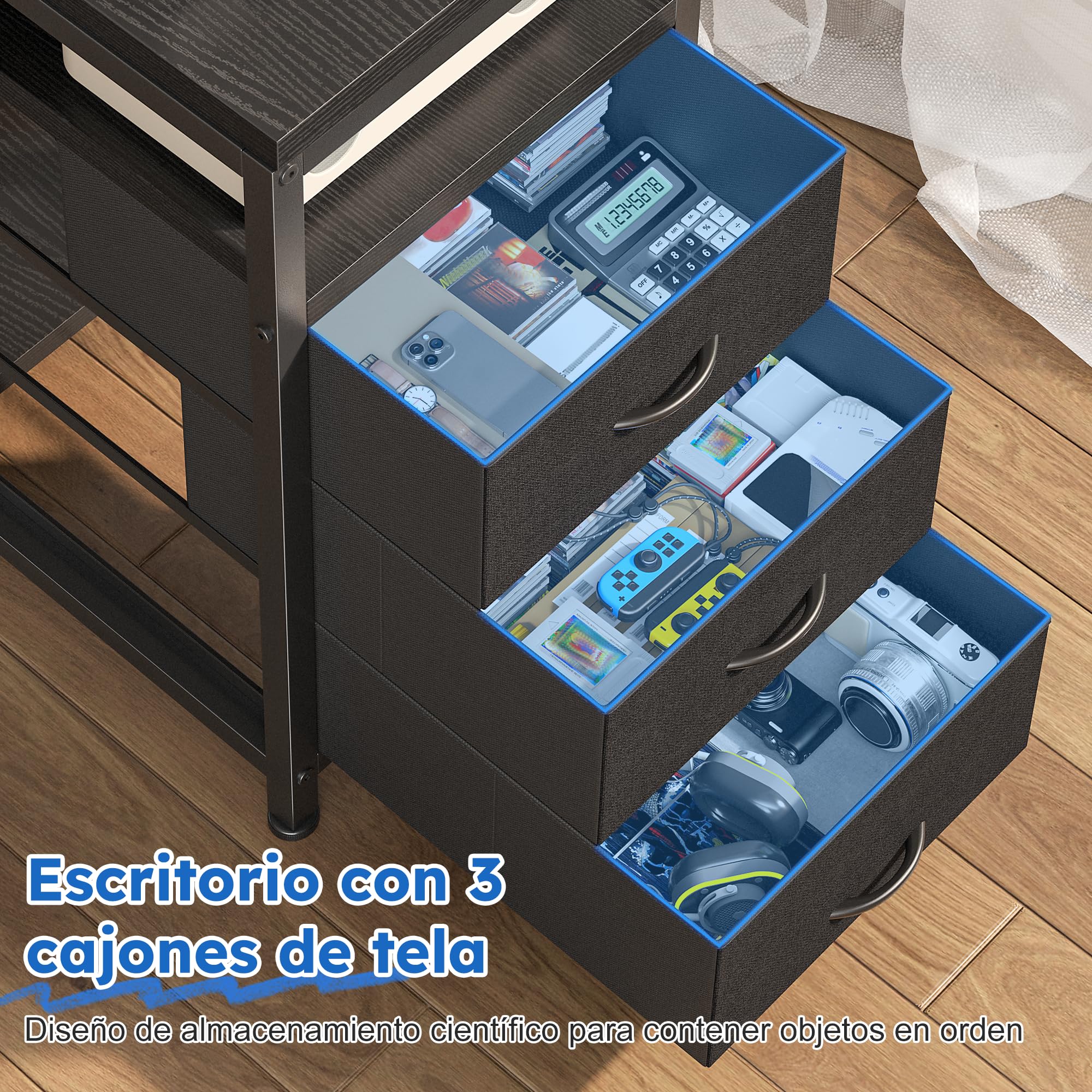 140x80 cm Forma de L Escritorio con 3 Cajones, LED, Soporte para Monitor, 2 Enchufes y 2 Puertos USB, Reversible Mesa Gaming con Gancho para Trabajo,Juegos,Estudiar,Homeoficina, Estudio, Negro