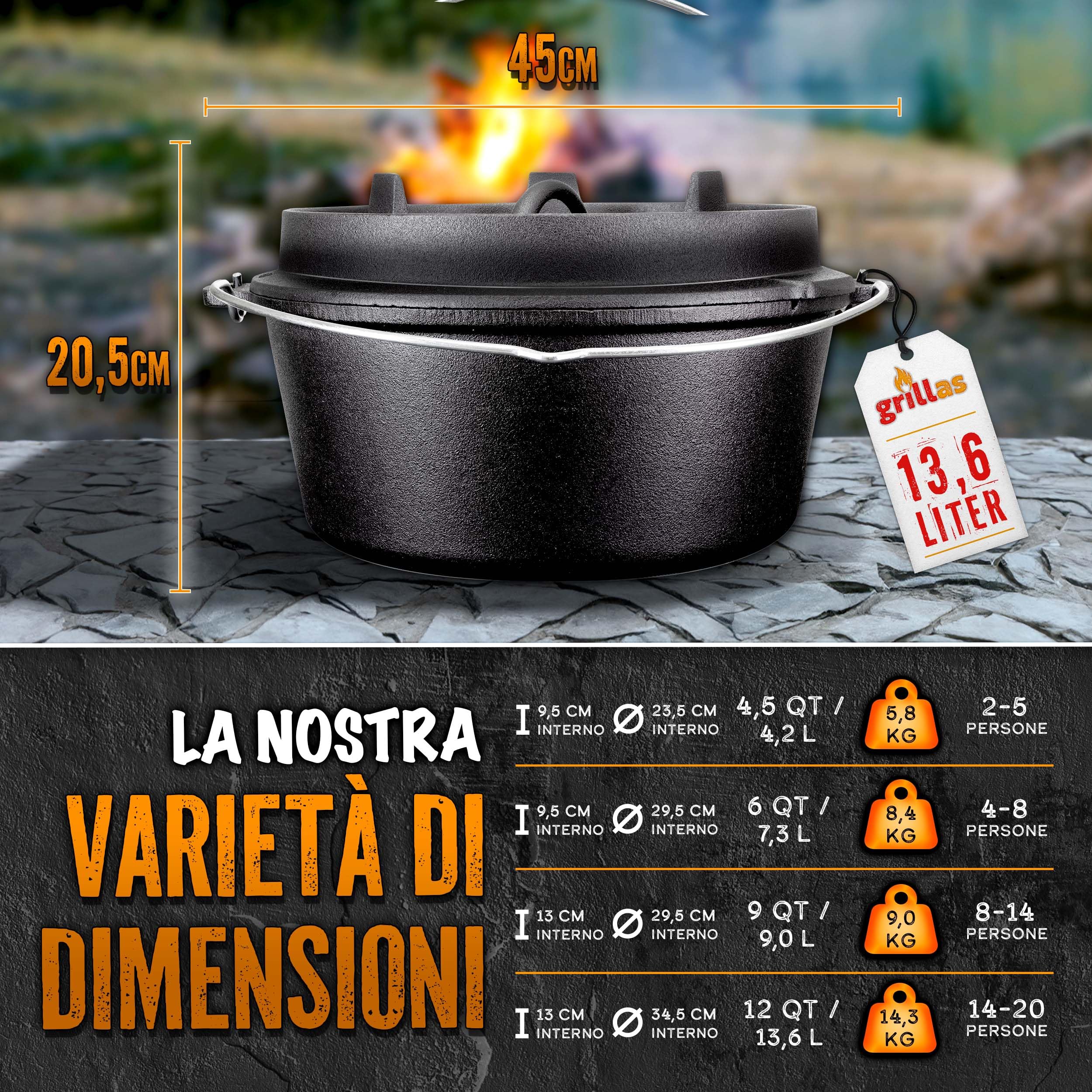 grillas® Pentola Olandese | Dutch Oven | Forno Olandese | Pentola da Fuoco | Casseruola in Ghisa