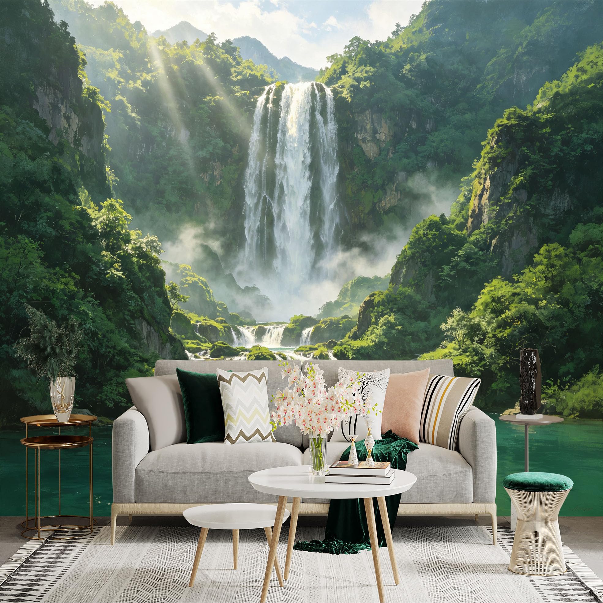 Custom Size Wall Sticker Mural， Majestic Waterfall in Lush Green Forest， Misty Mountain River， Natural Scenery， for wall Decoration， peelandstick wall Decals.