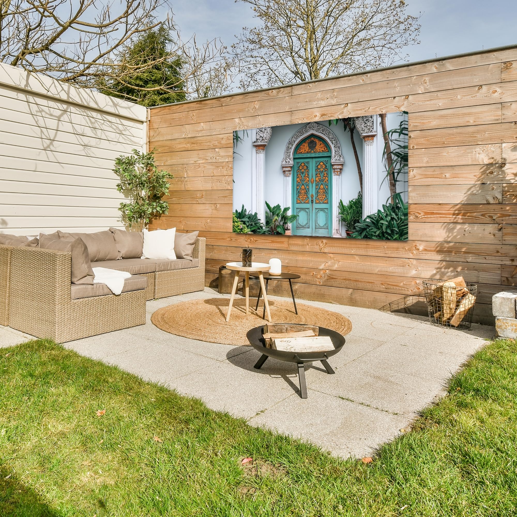 Outdoor Wandbild 150x100 cm Leinwand Für Draußen Gartendeko Terrasse Leinwandbilder Balkon Wandgemälde Deko Wetterfest Wall Art Tür - Muster - Pflanzen