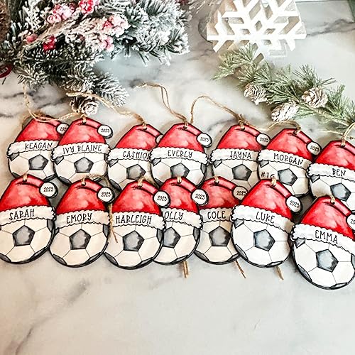Miniatura 5 de Personalized Soccer Ball Santa Hat Christmas Ornament Custom Name for Player Coach Mom Dad Grandma MDF Hardboard Wood Handmade by The Painted Pug