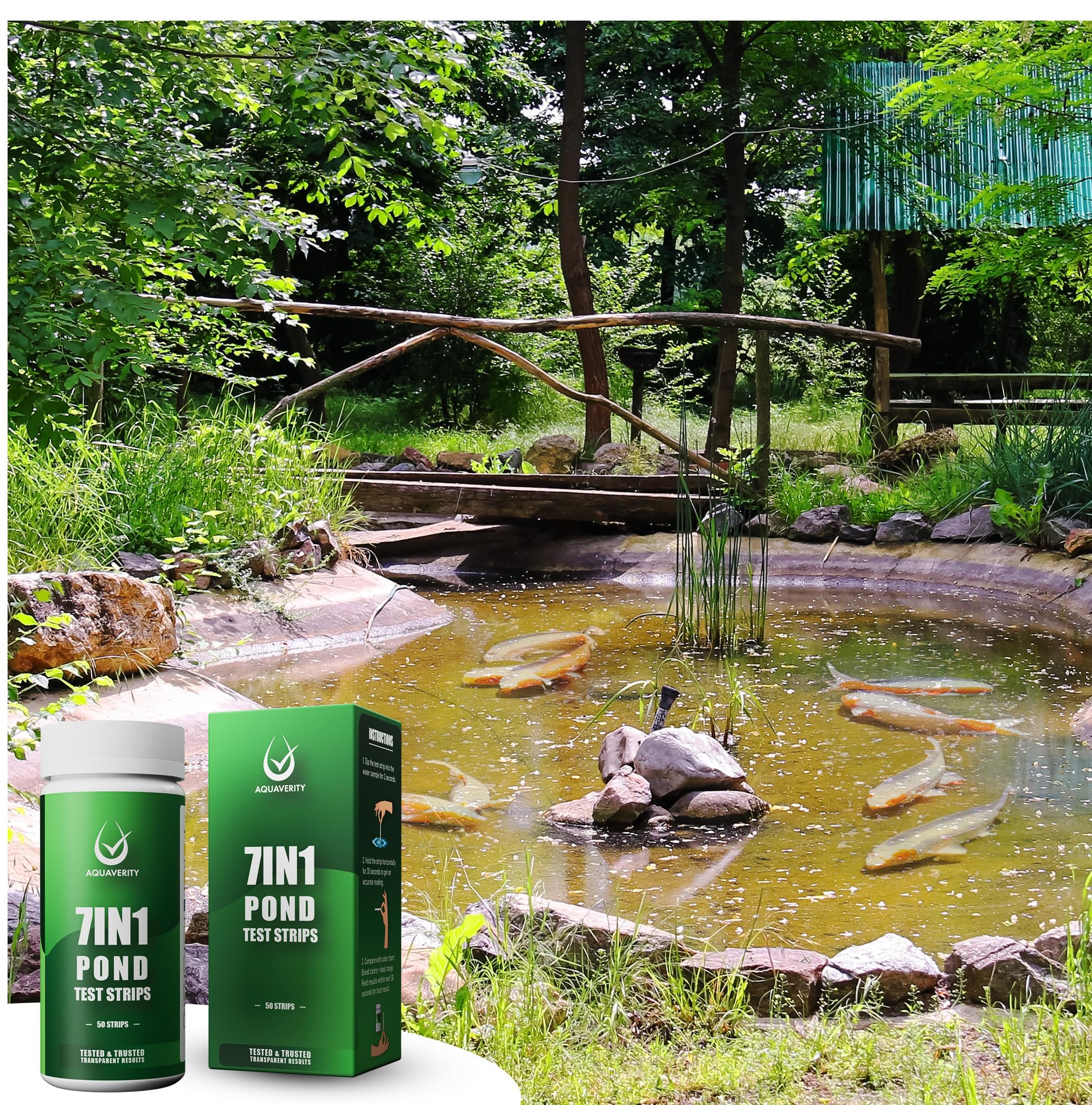 Bandelettes de test 7 en 1 pour bassin – Kit de test précis pour le pH, les nitrates, les nitrites, les carbonates, la dureté, le chlore total et libre – Pour bassins – 50 bandelettes