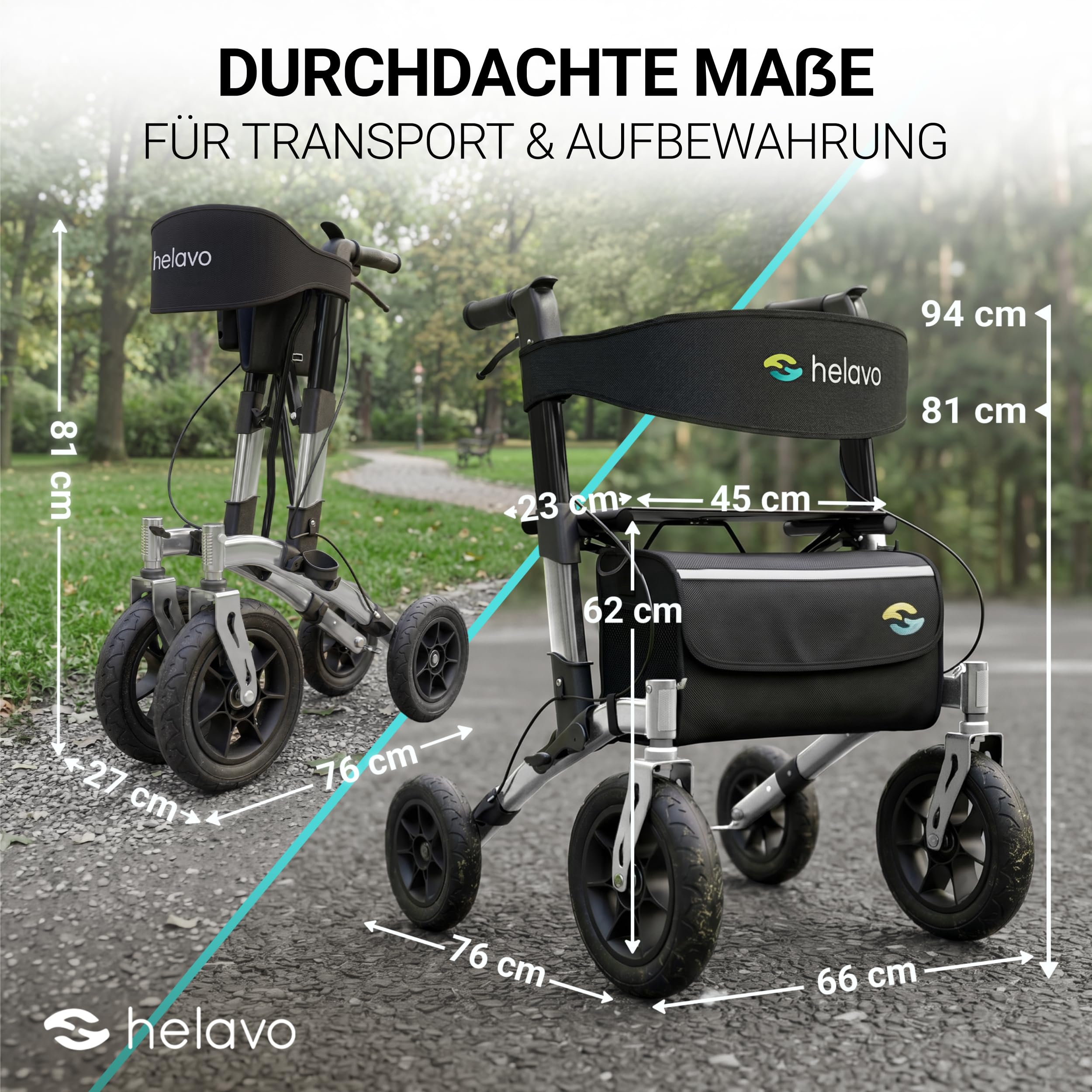 Helavo Rollator mit Pannensicheren Vollgummireifen für Draußen - Faltbarer Aluminium Outdoor-Rollator mit Sitz - Maximale Mobilität & Komfort im Außenbereich | 12" Vollgummibereifung für maximalen Komfort - Faltbarer Aluminium-Rollator für Draußen - Mit S