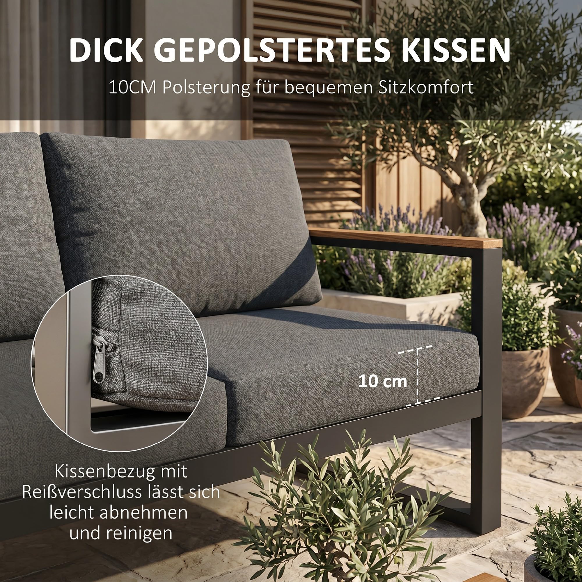Outsunny 5-TLG. Gartenmöbel-Set mit Ecksofa, Doppelsofa, Couchtisch, Grau | Gartengarnitur inklusive Sitzkissen, Loungegruppe für Balkon und Terrasse, Balkonmöbel-Set