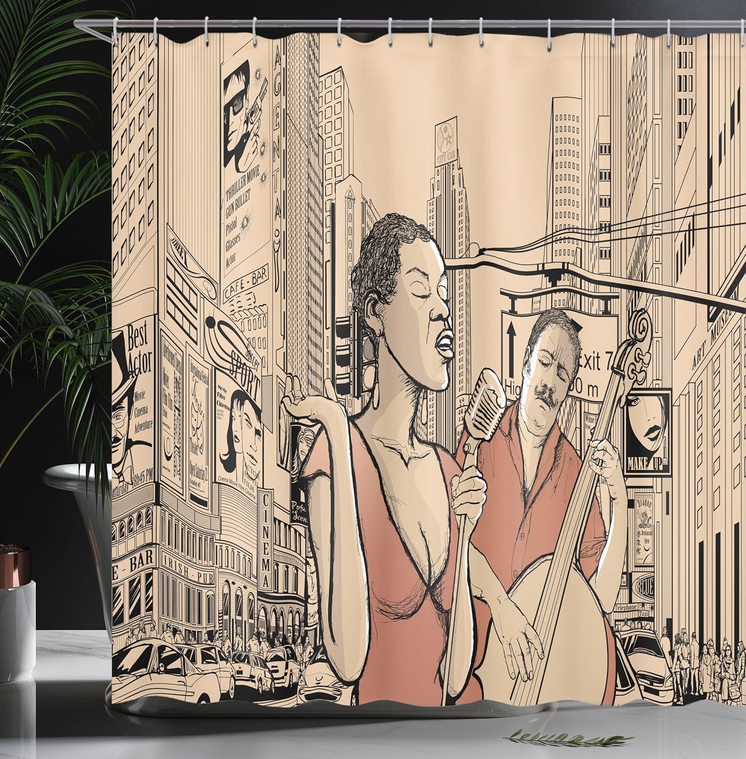Ambesonne Jazz Music Shower Curtain, Singer Double-Bass Player in a Street of New York Urban Lifestyle Image, Cloth Fabric Bathroom Decor Set with Hooks, 69" W x 75" L, Beige Brown