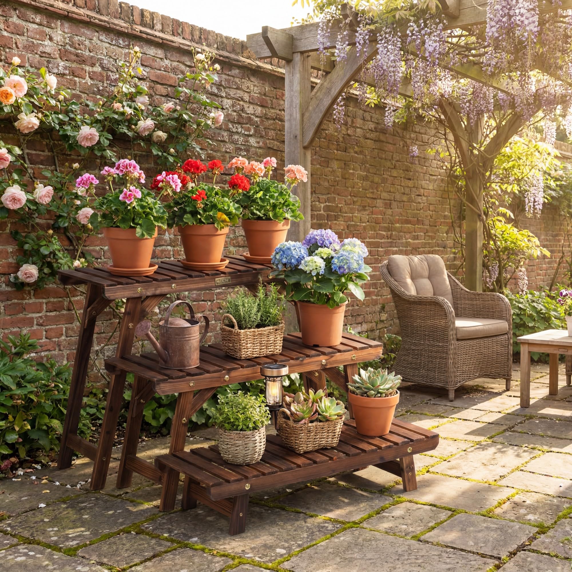 GYMAX 3-stufiges Blumenregal, kombinierbarer Pflanzenregal Outdoor, Pflanzenständer Blumenständer aus Tannenholz im Lattenrost-Design, mehrschichtiges Blumentopfregal für Garten, Hof