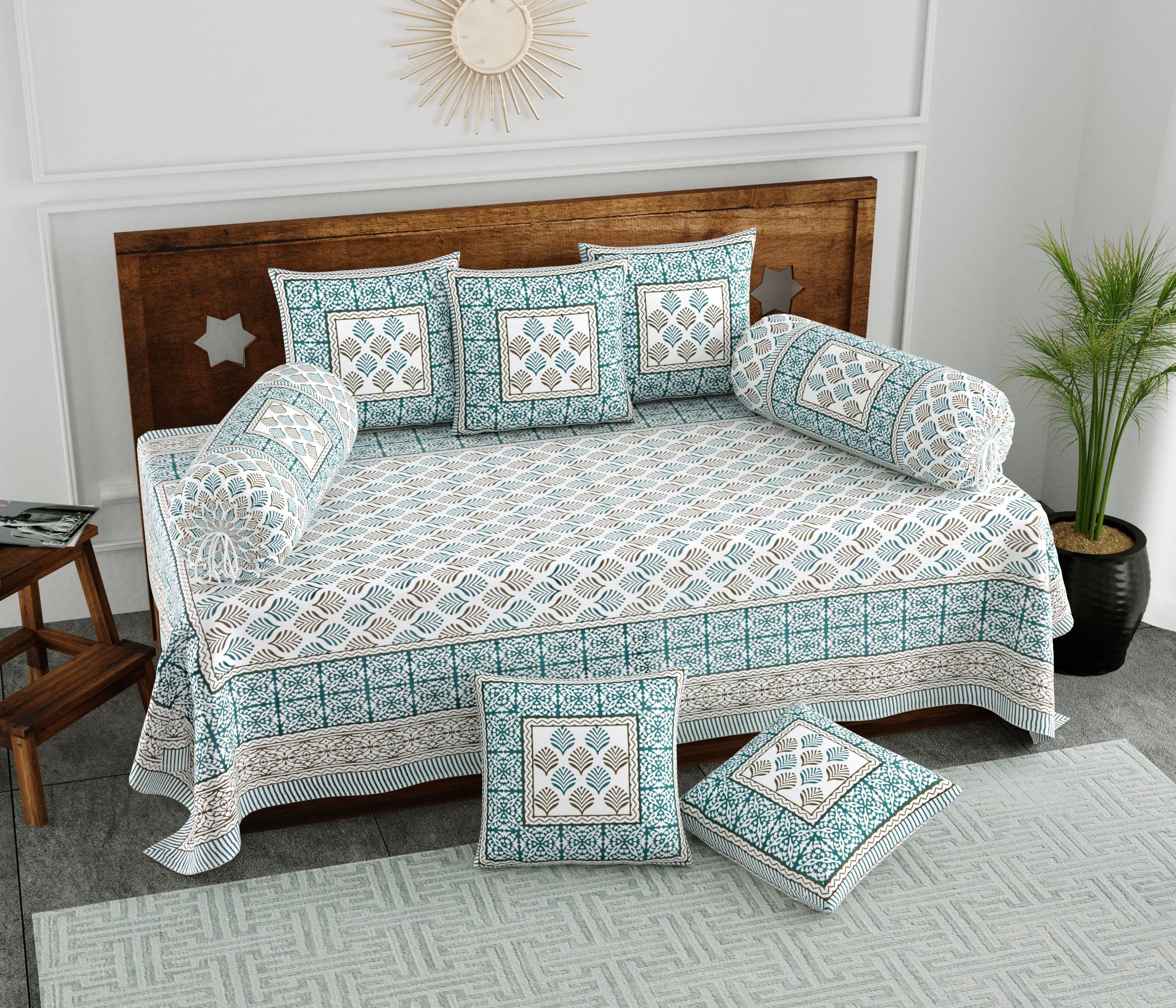 BLOCKS OF INDIA 200Tc Diwan Set Cotton 8 Piece | Deewan Printed Bedsheet Sets For Living Room Hall (Set Of 8 Piece, 1-Bed Sheet | 2-Bolster Cover | 5-Cushion Cover (Color 20, Multicolor)