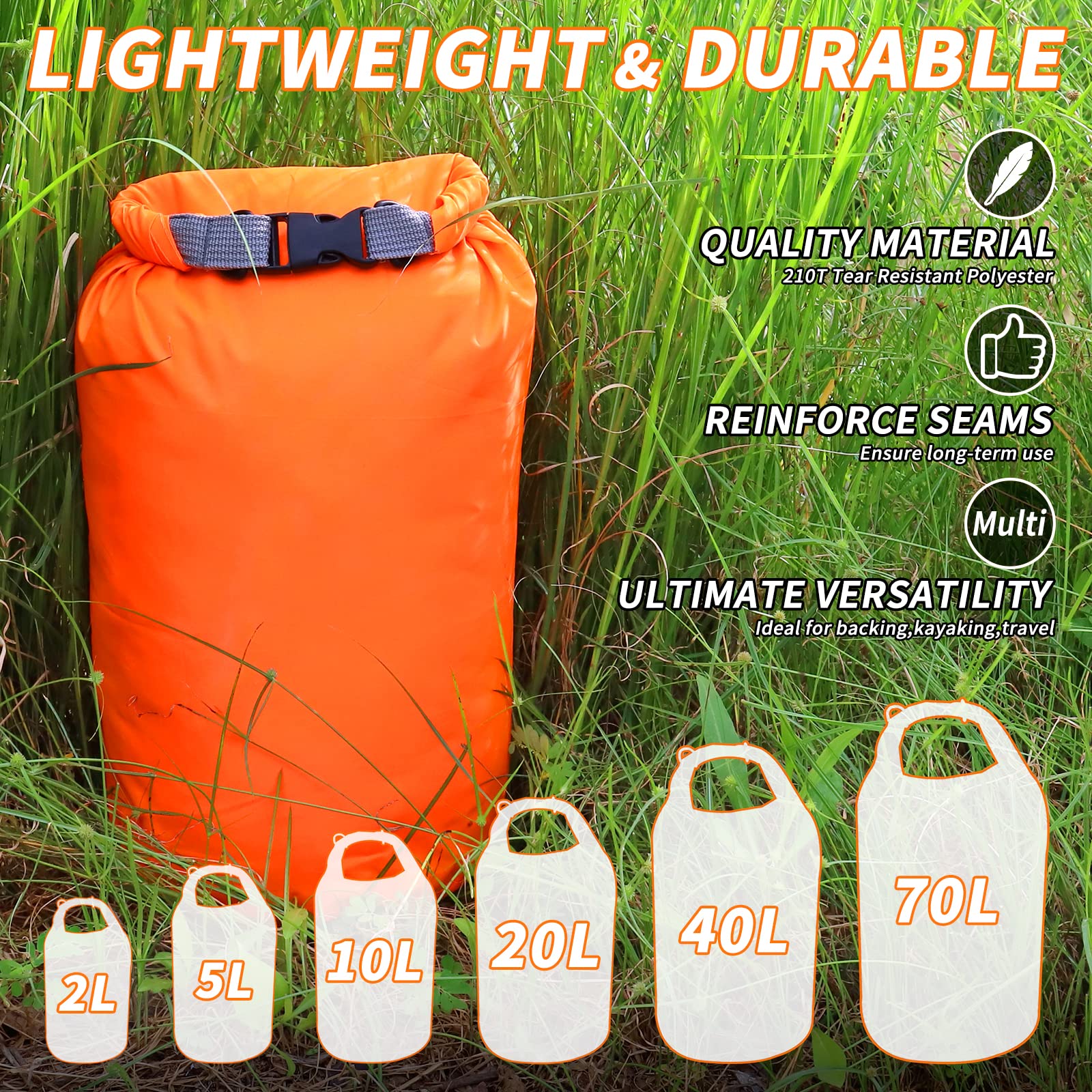Sac étanche - 4 Pièces 2L/5L/10L/20L Dry Bag Set, Sac Sec Léger pour L'Extérieur Sacs De Sports Nautiques, Fermeture De Sécurité, pour Le Kayak Bateau/Pêche/Rafting/Natation (4pcs,20L)