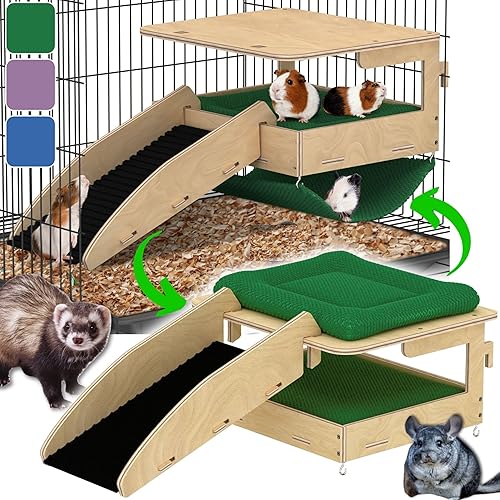 Combo de escondite y hamaca de conejillo de indias, diseño de doble estilo, madera de abedul natural grande de 14 x 10 pulgadas, hamaca de conejillo