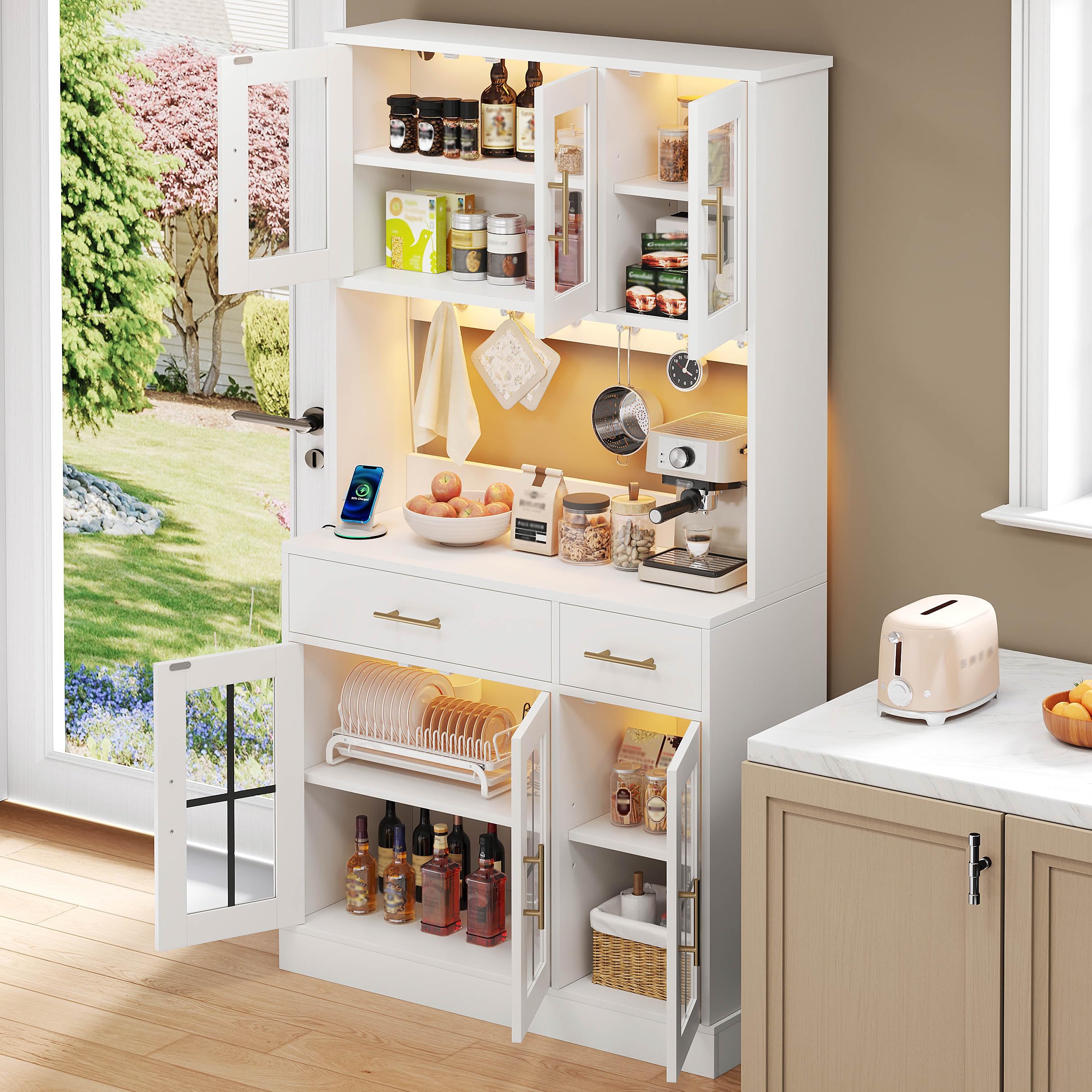 Vaisselier, Buffet de Cuisine, Armoire Cuisine Haute avec LED, Buffet avec Prise, Buffet avec Tiroirs, 6 Portes, Étagères Réglables Vaisselier Cuisine, 100 x 40 x 180 cm, Blanc