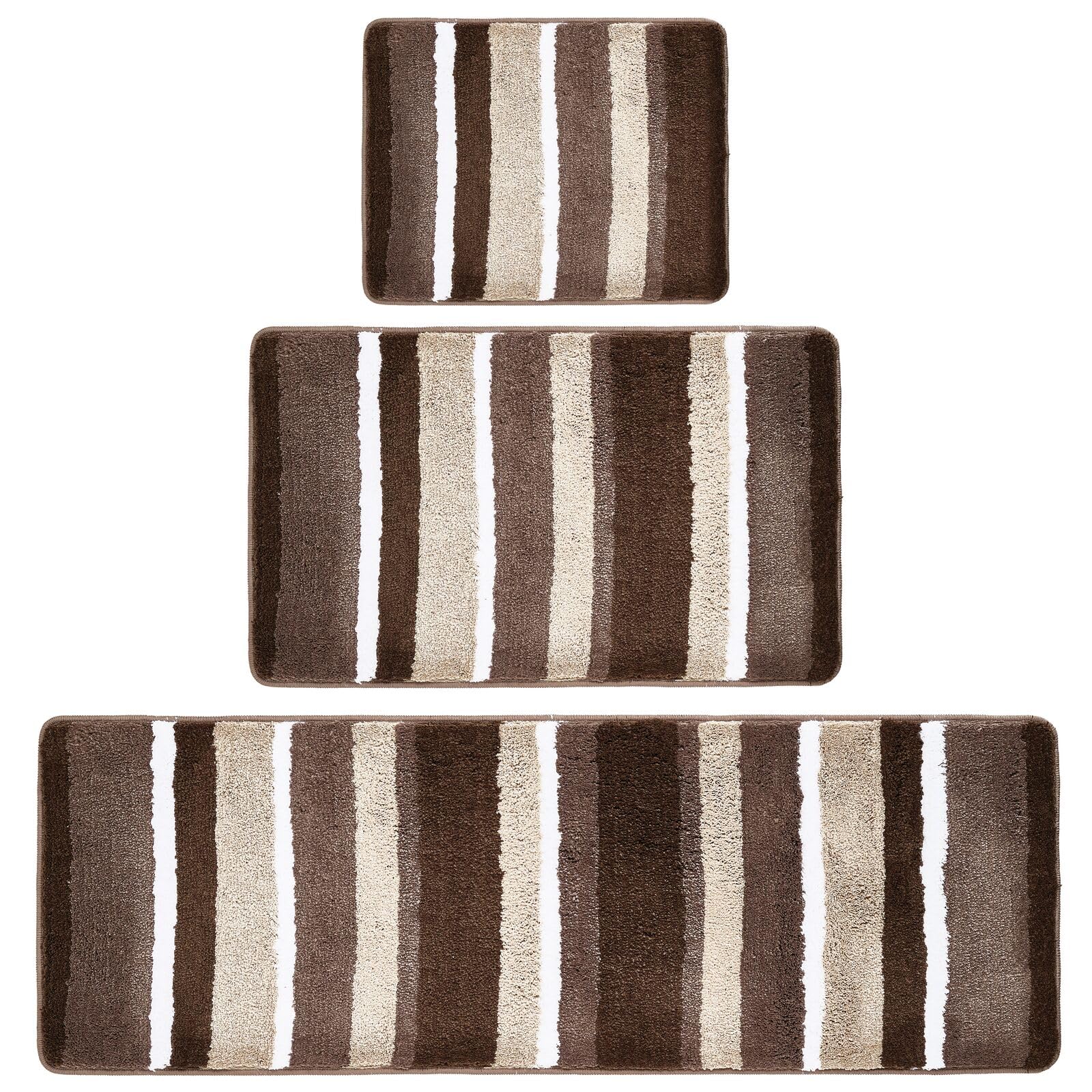mDesign Soft Microfiber Polyester Spa Rugs for Bathroom Vanity, Tub/Shower - Water Absorbent, Machine Washable - Plush Non-Slip Rectangular Accent Rug Mat - Striped Design, Set of 3 Sizes - Brown
