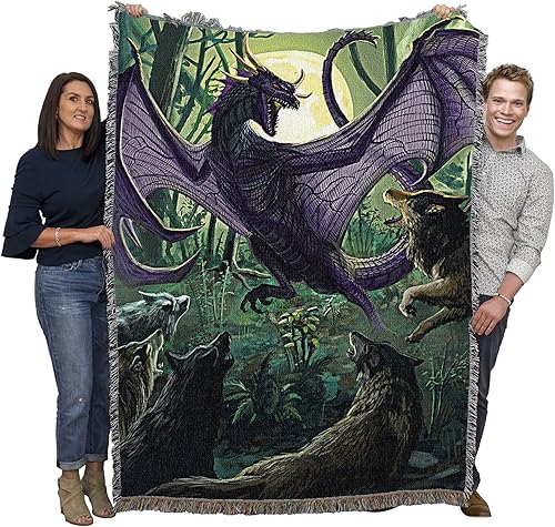 Pure Country Weavers Manta de dragón y lobos, tapiz de regalo de fantasía tejida de algodón, fabricada en los Estados Unidos (72 x 54 pulgadas)