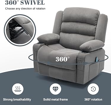 Rocker Recliner Chair with Heat and Massage, 360 Swivel Nursery Rocking Chairs for Adults, Oversized Recliner Single Sofa Seat with Cup Holders, Lazy Boy Recliner Single Sofa (Manual, Grey)