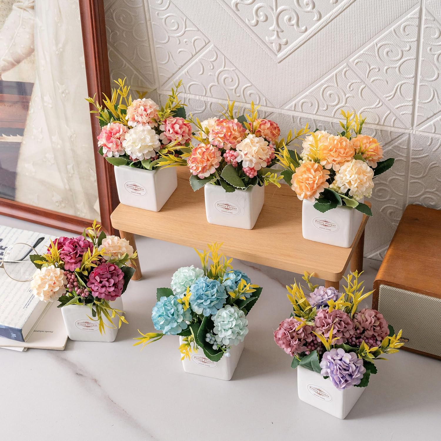 6Pcs Artificial Flowers with Ceramic Pot Small Fake Hydrangea Flowers Arrangements Faux Spring Flowers in Vase Home Spring Decor, Centerpiece Table Decorations for Farmhouse Office Shelf Dining Table