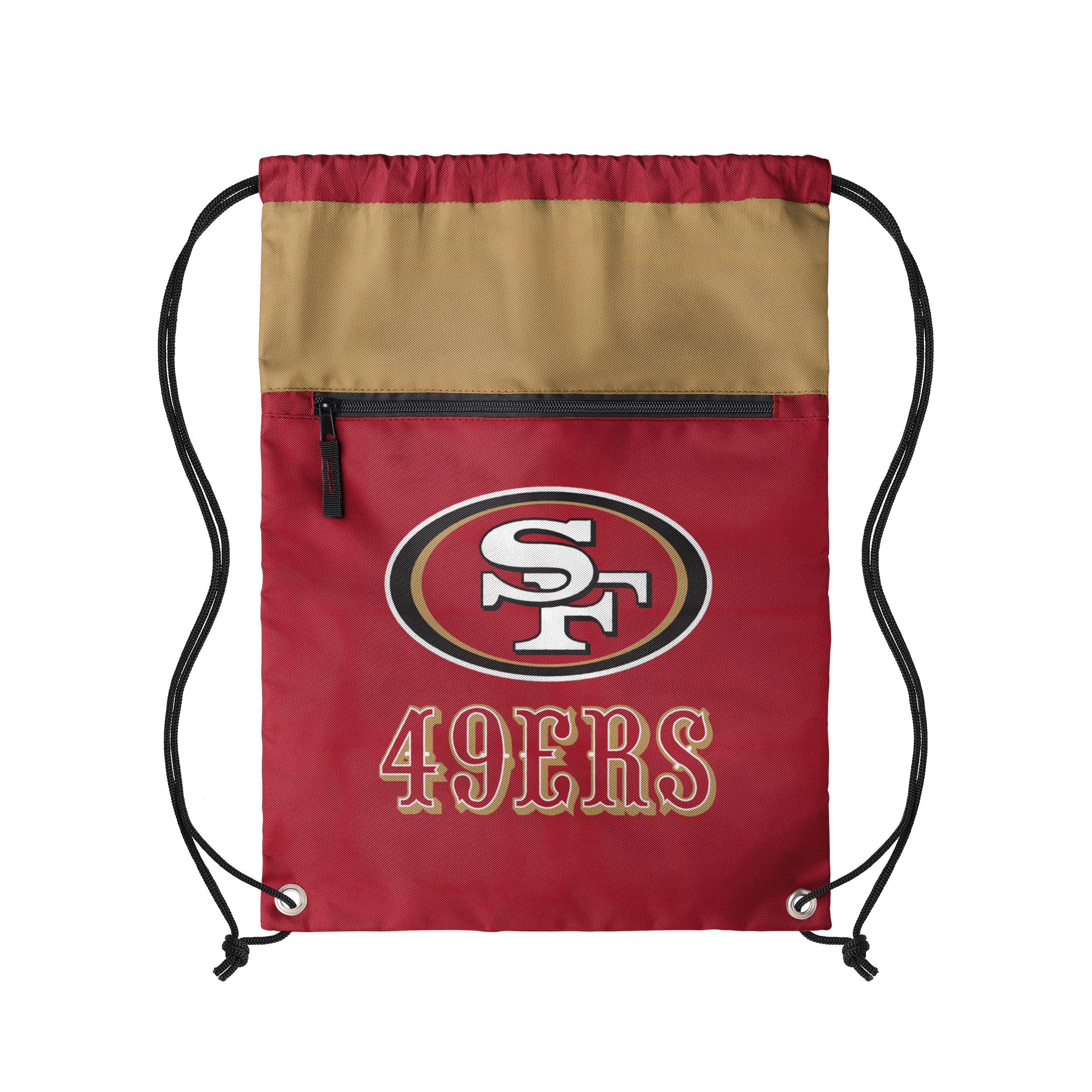 FOCO NFL Officially Licensed Unisex Team Color Football Primary Logo Wordmark Drawstring Backpack With Zippered Pocket, San Francisco 49ers, One Size, Daypack Backpacks