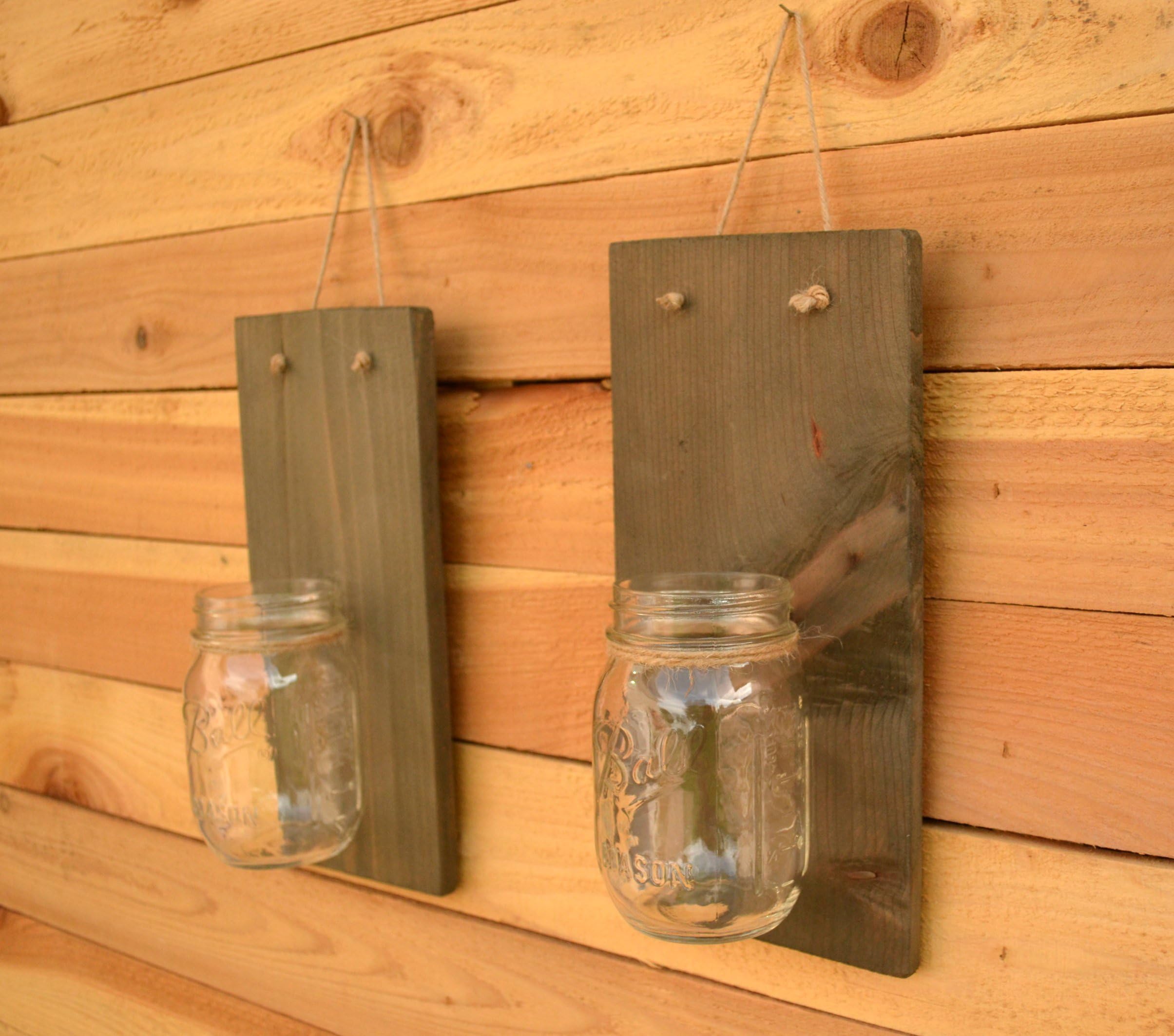 VOSSIK Handcrafted Organic Coffee Stain Rustic Mason Jar Wall Sconces - Wall Sconces Set of Two (Farmhouse Decor Rustic Wall Sconce Candle Holders For Wall)