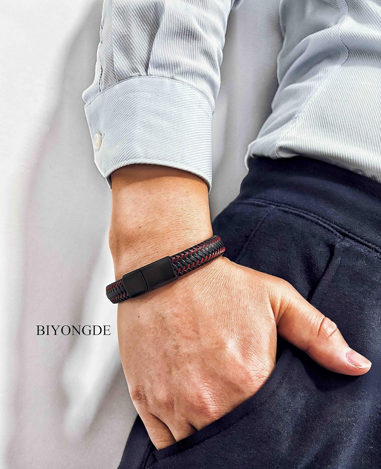 Leather Interwoven with Stainless Steel Cable Braided Bangle Bracelet Mens Womens Minimalist - Image 2