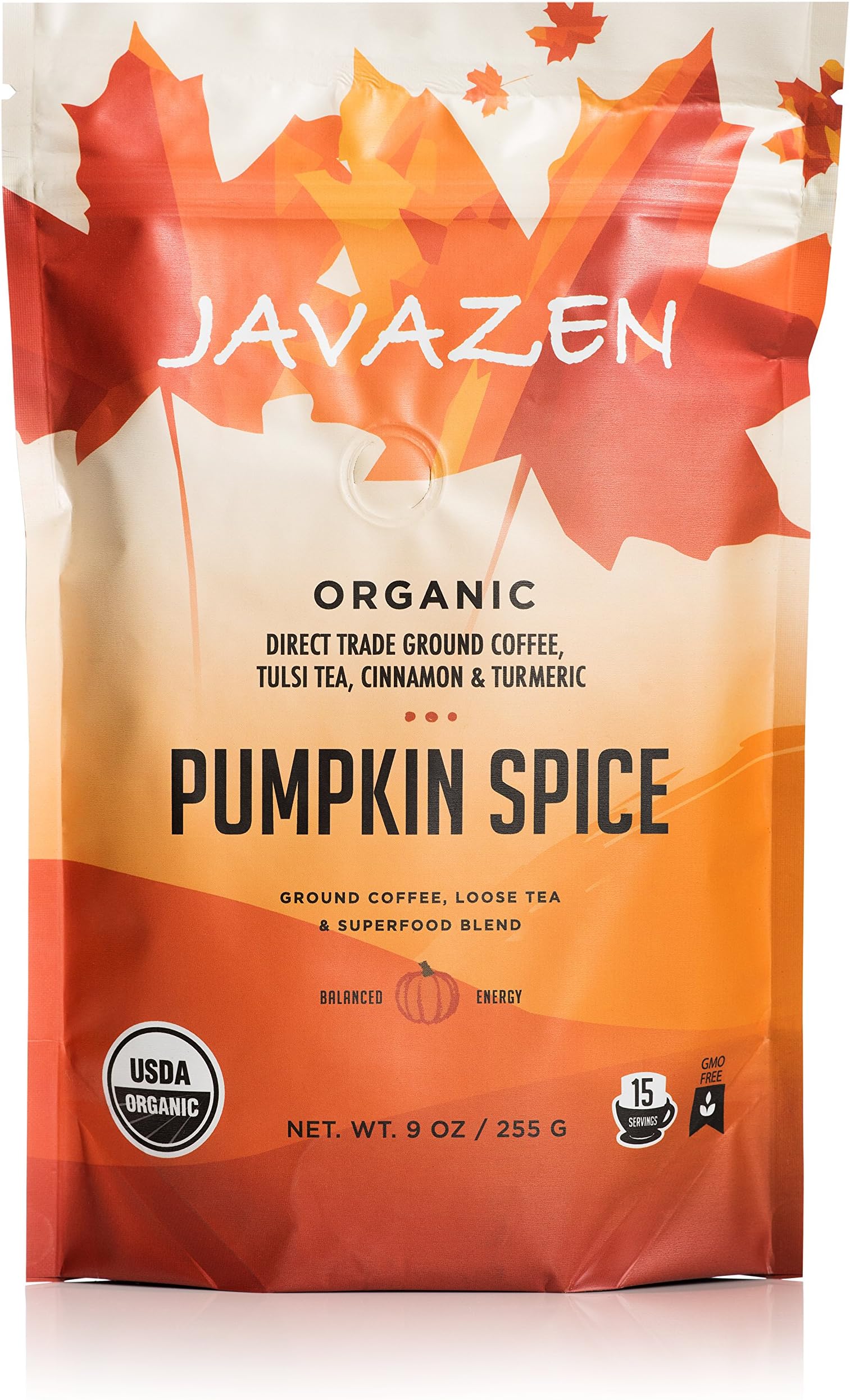 Javazen Pumpkin Spice | Organic Coffee Blended with Tulsi Tea & Turmeric for Focus + Energy | Low Acid, Non-GMO, Vegan, Paleo | 1 Bag - 9oz. - 15 Servings