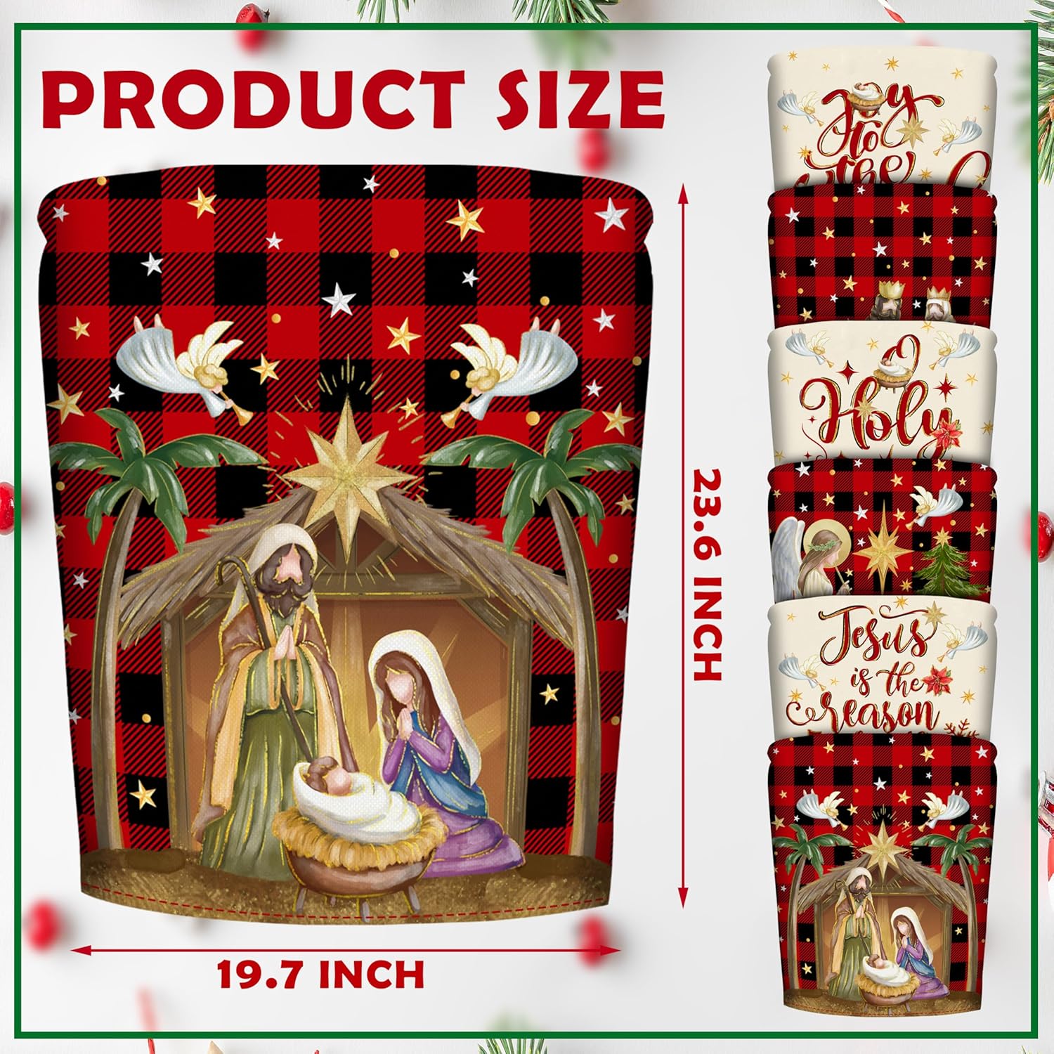 TREWAVE Christmas Chair Covers Set of 6 Buffalo Plaid Nativity Scene Chair Back Covers Holiday Dining Chair Slipcovers Protector Kitchen Dining Room Decor Festival Party Decoration