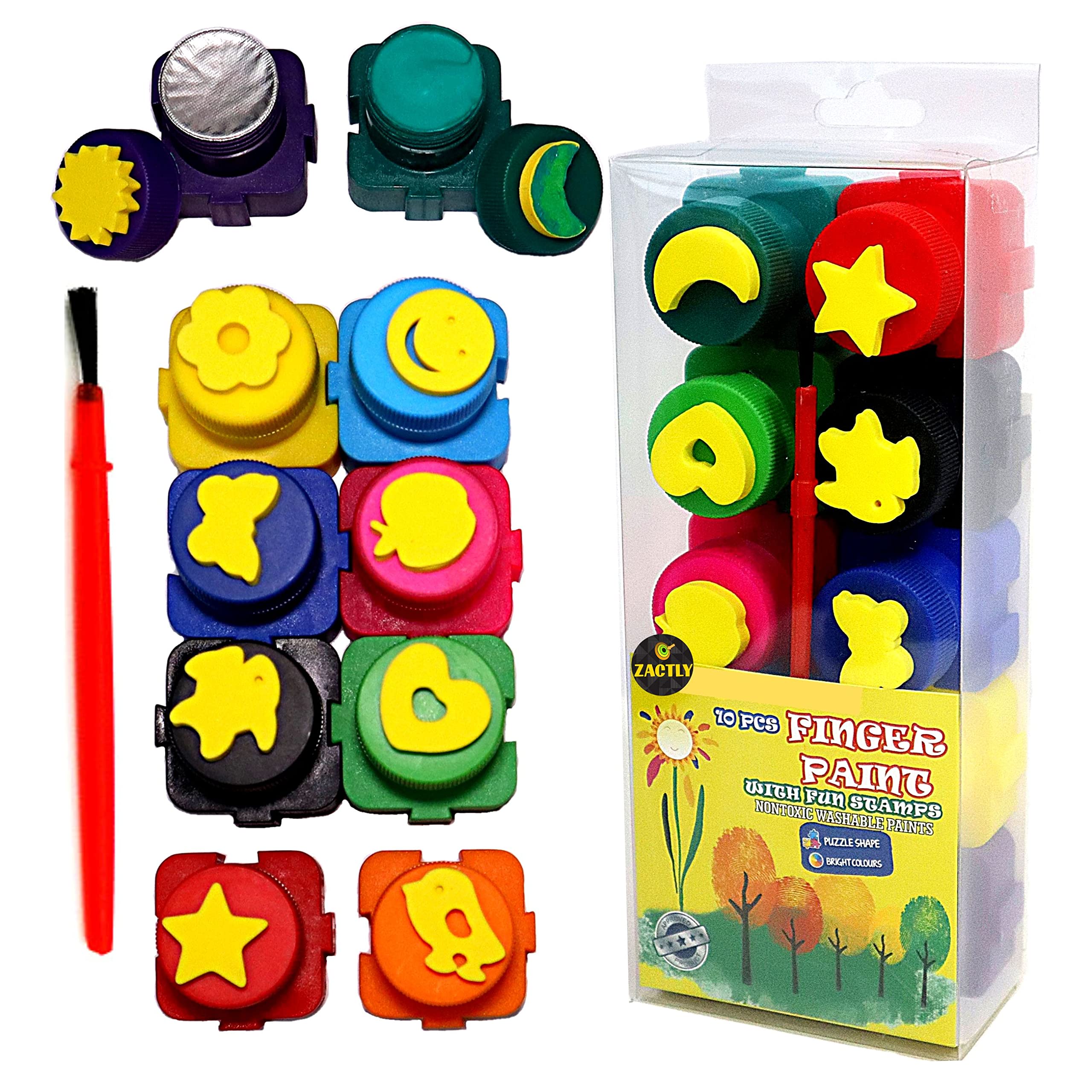 Zactly Multi 4 In 1 11Pcs Kids Finger Paints With Colorful Fun Stamps, Interlocking Blocks And Brush – Non-Toxic, Safe & Washable Arts Paint Set Kit For Toddlers Babies Adults Gift Set (1)