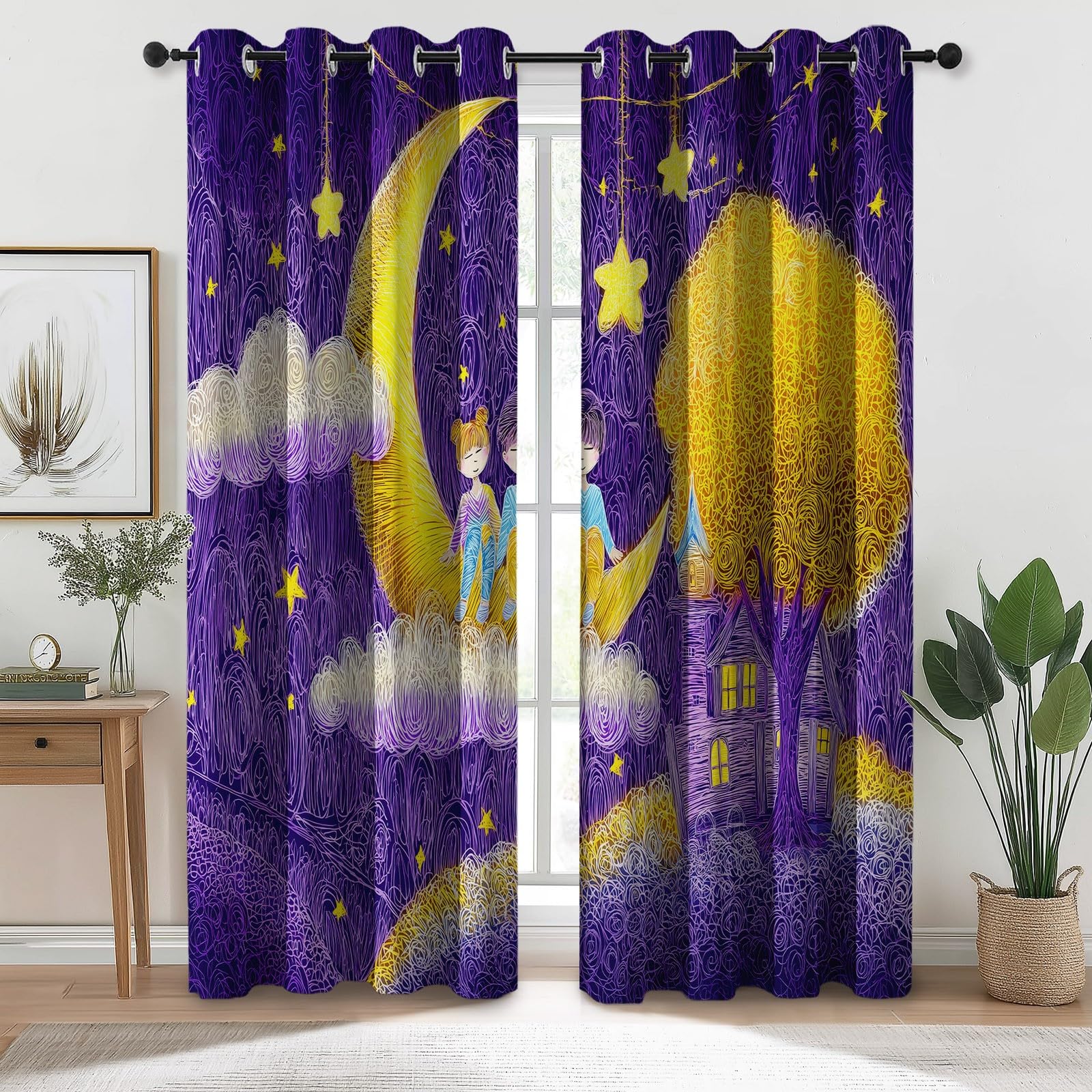 Nieprzezroczyste zasłony 70 l x 240 H cm (2 panele) miękkie i estetyczne, księżycowy design z postaciami z kreskówek, izolowane wiszące zapobiegające nagrzewaniu do dekoracji domu i salonu