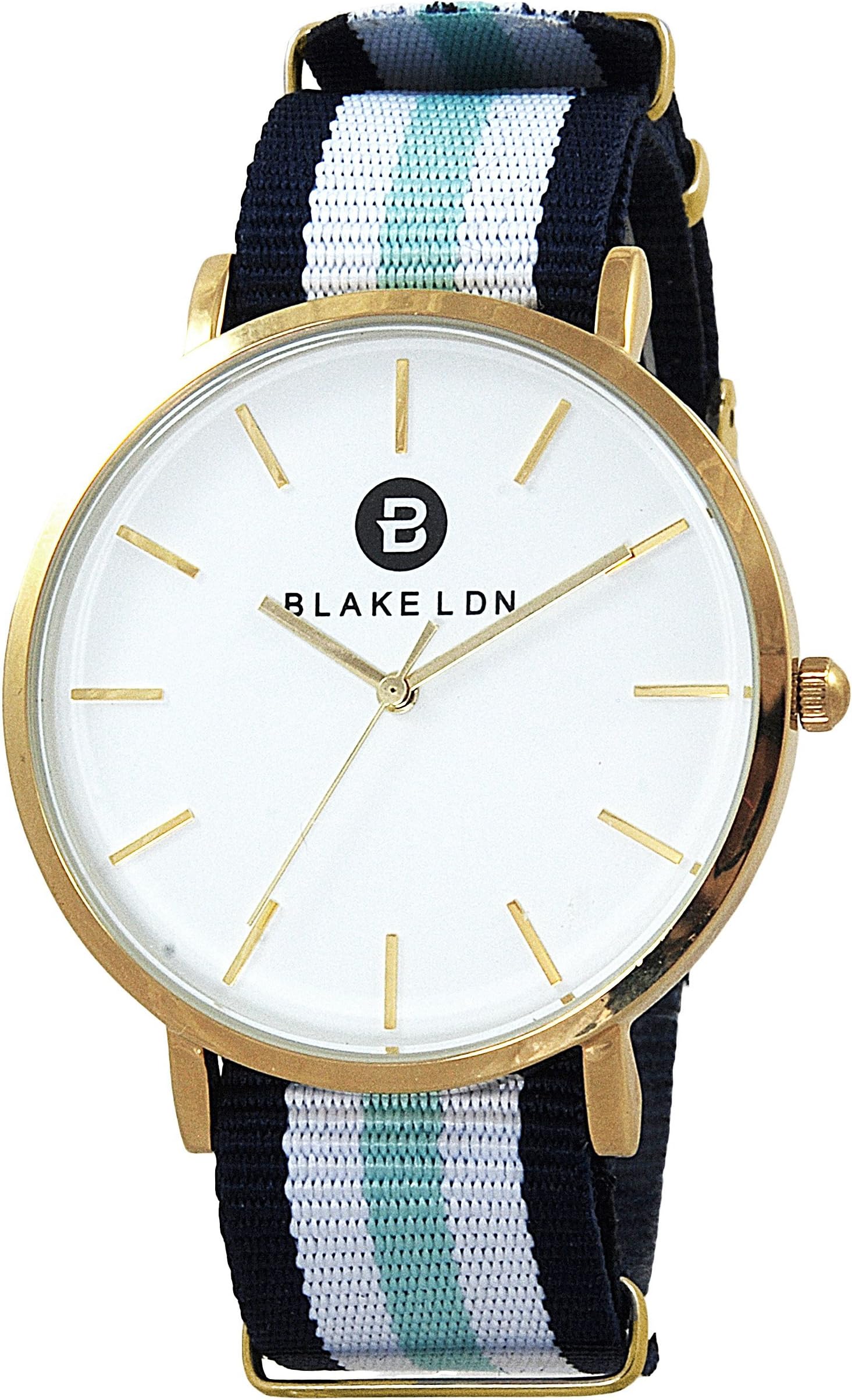 Blake LDN Yellow Gold Military Army NATO Quartz Watch with Dark Blue White and Light Blue Fabric Strap and White Dial