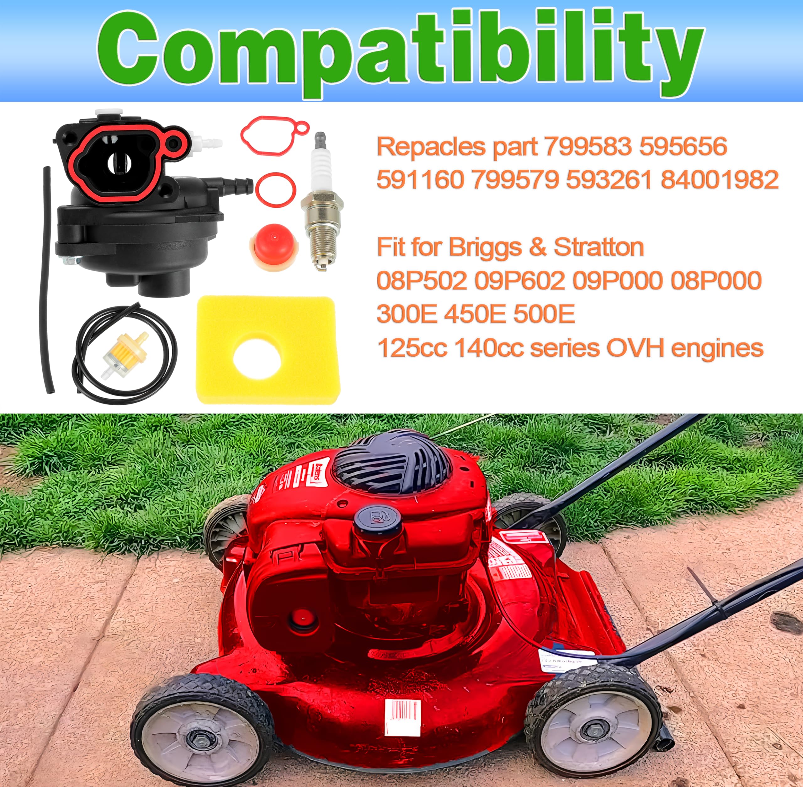 Kit carburatore per Briggs & Stratton, modelli 300E, 450E, 550E, 575E, 600E, parti del motore del tosaerba e filtro dell'aria, candele serie 08P502, 09P602, 125 CC, 140 CC