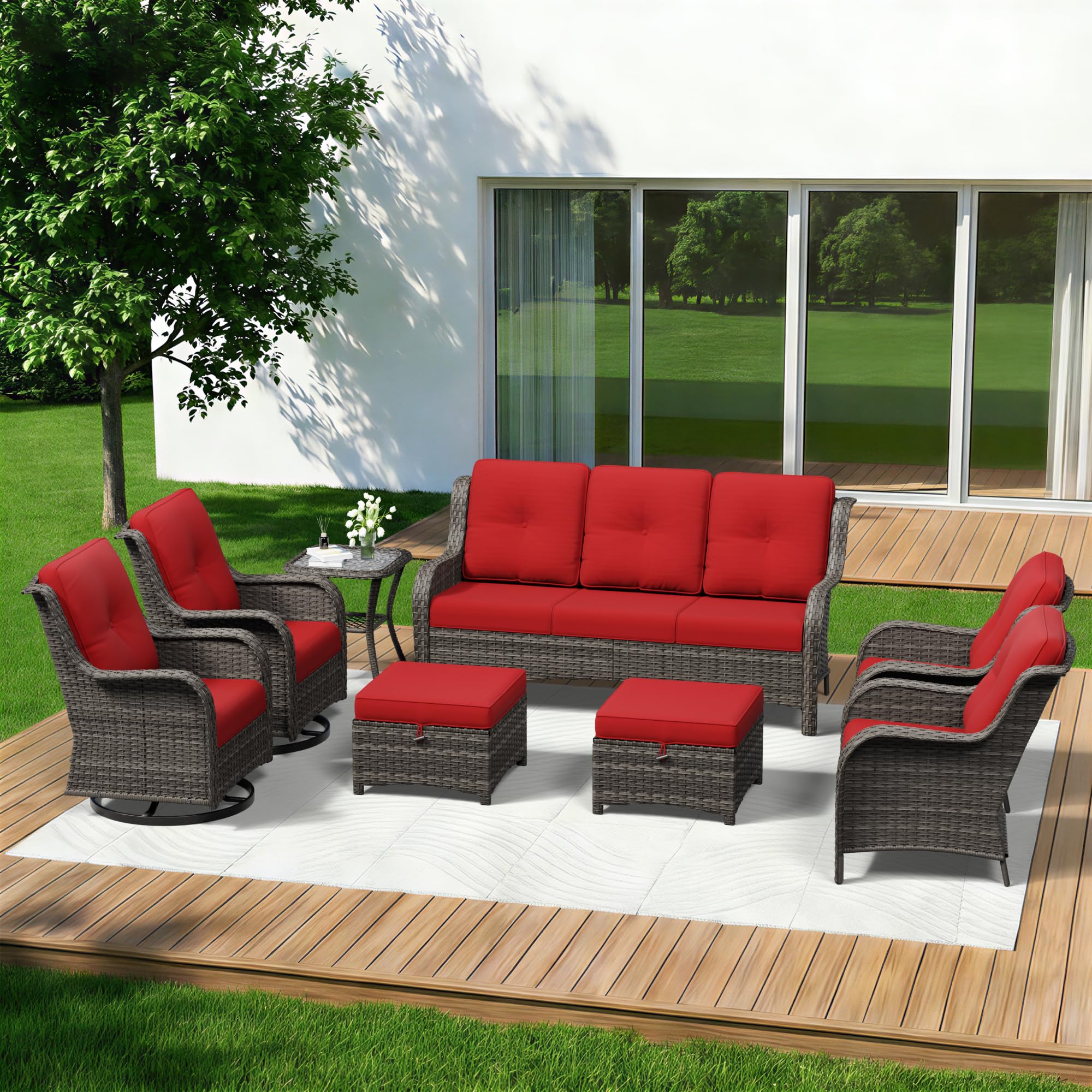 8 Piece Outdoor Wicker Patio Furniture Set, Patio Chairs Set with Thickened Olefin Cushions, High Back and Deep Seating, Hand-Woven PE Rattan, Ottoman for Porch, Deck