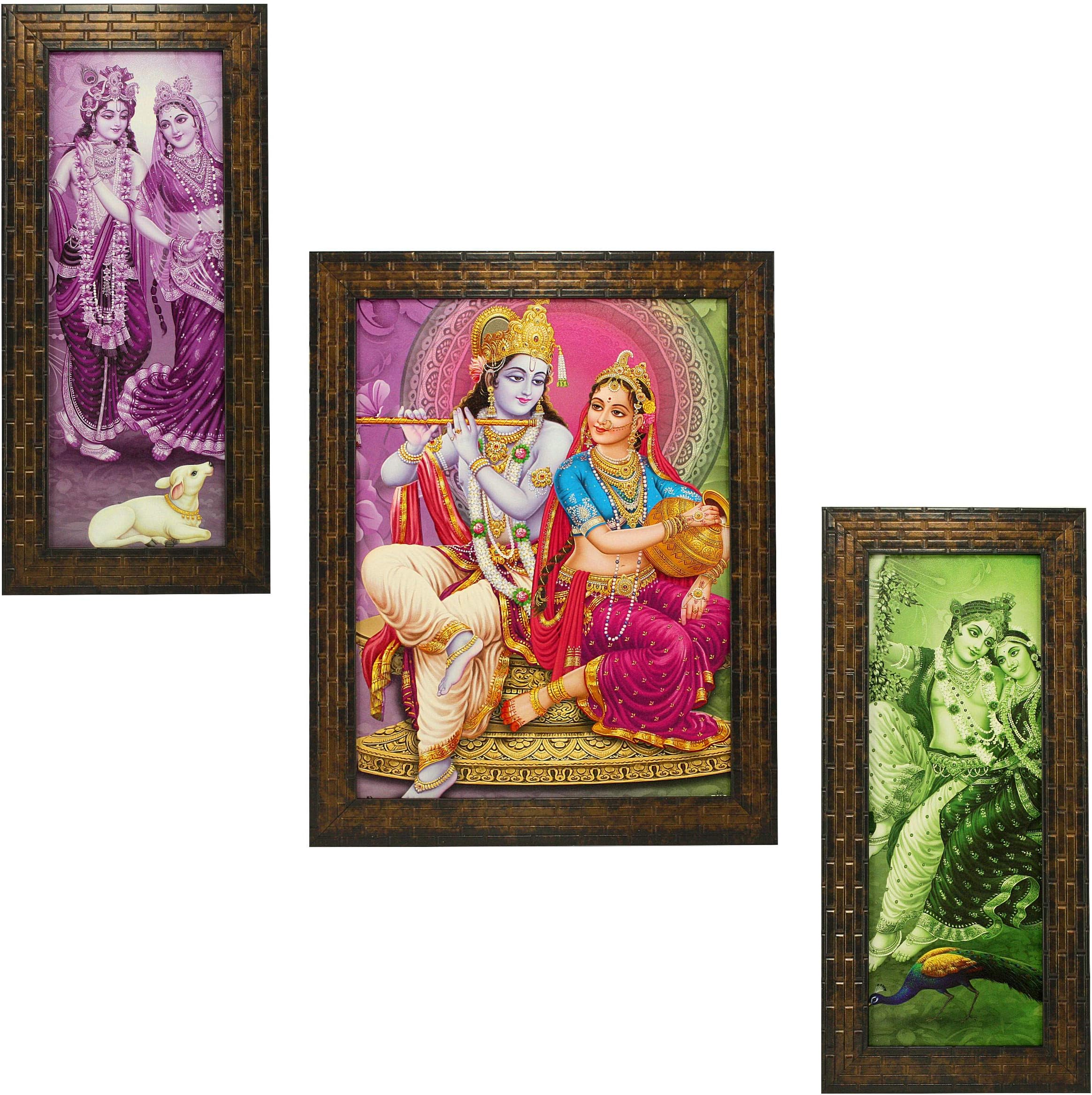 Indianara 3 PC Set of Radha Krishna Paintings (1485) Without Glass 5.2 X 12.5, 9.5 X 12.5, 5.2 X 12.5 inch