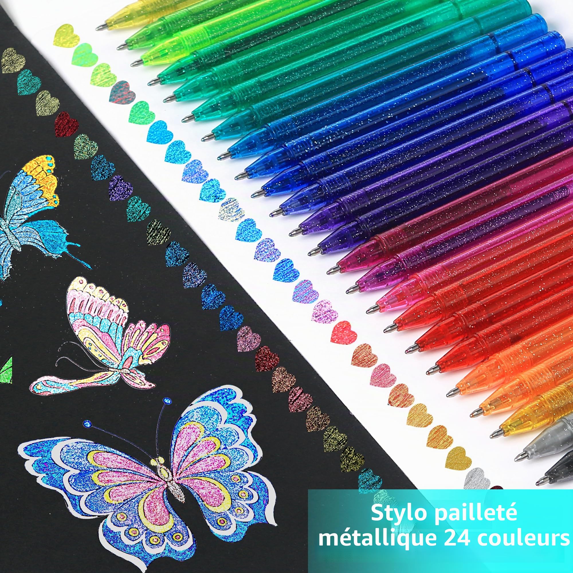 ZSCM Lot de 48 stylos à gel métalliques pailletés, 24 couleurs avec 24 recharges pour stylo pailleté dans un sac en toile pour coloriage, dessin, scrapbooking, journalisation pour adultes