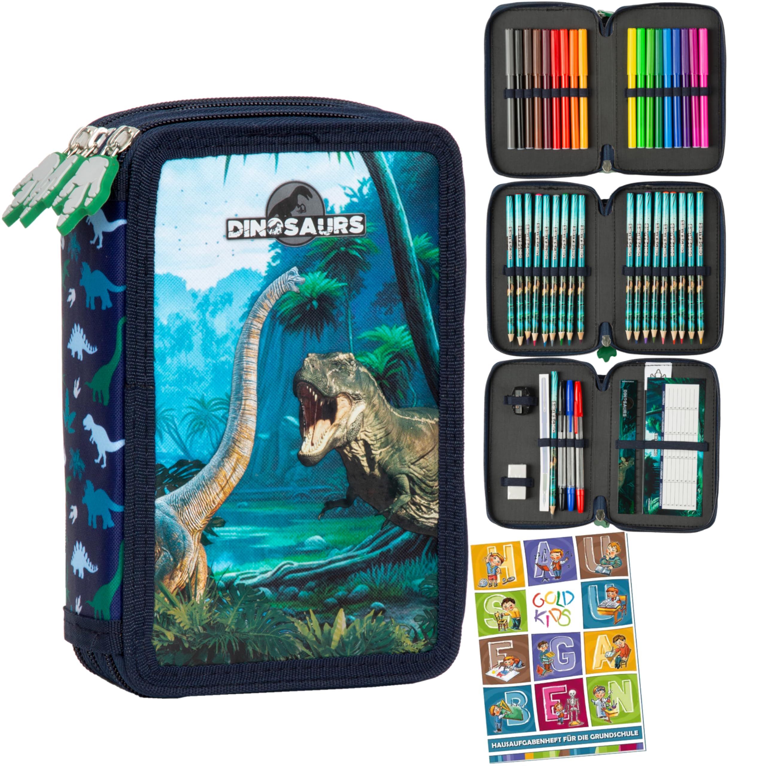 Goldkids - Federmäppchen 3 Fächer - Mäppchen für Mädchen und Jungen - Federmappe 3-Fach Federtasche Gefüllte Schüleretui 44-teilig - Schulmäppchen und Hausaufgabenheft - Dinosaurier Motiv