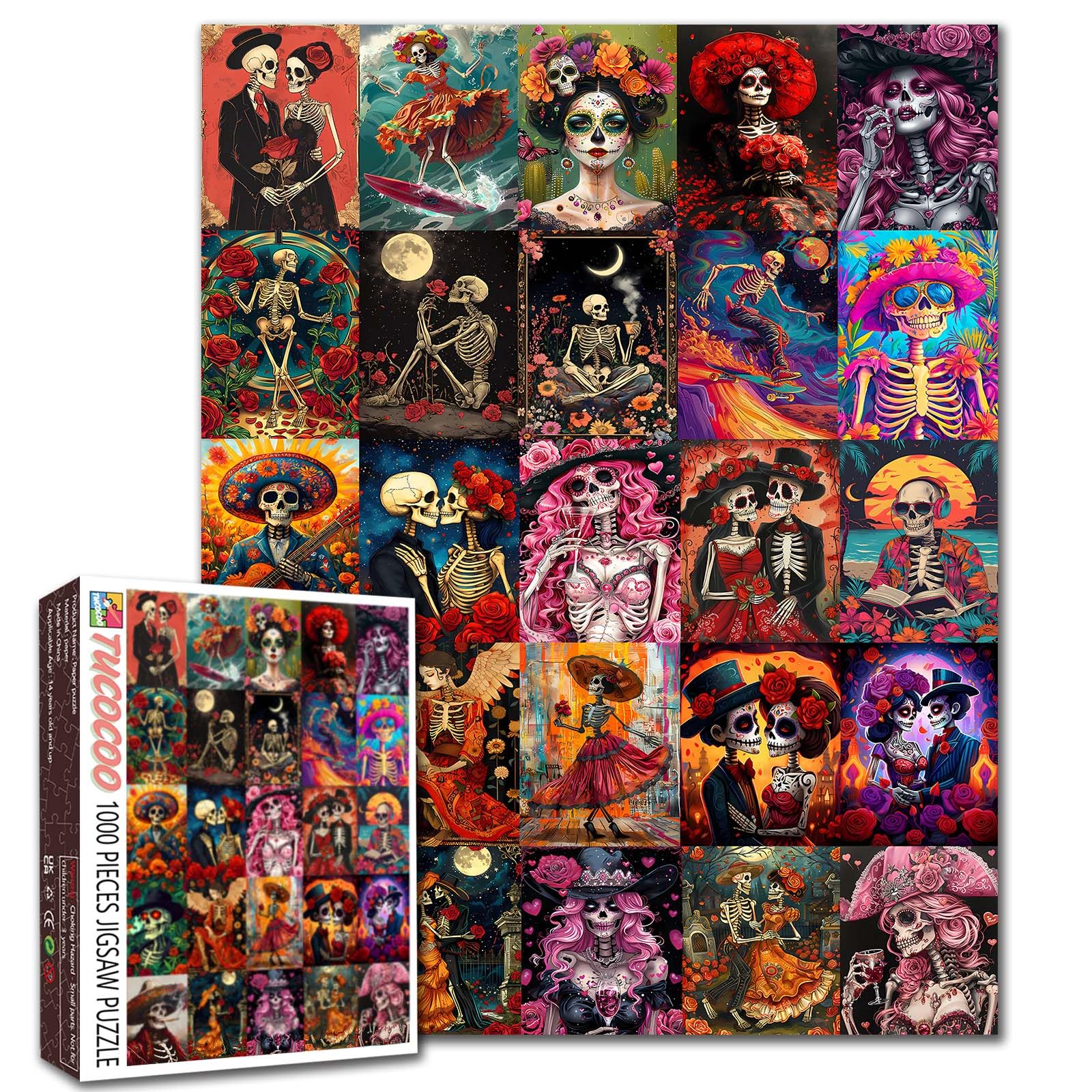 Tucocoo Day of The Dead Jigsaw Puzzles for Adults 1000 Pieces, Funny Scary Skull Skeleton Theme Collage DIY Colorful Puzzles for Home Decoration