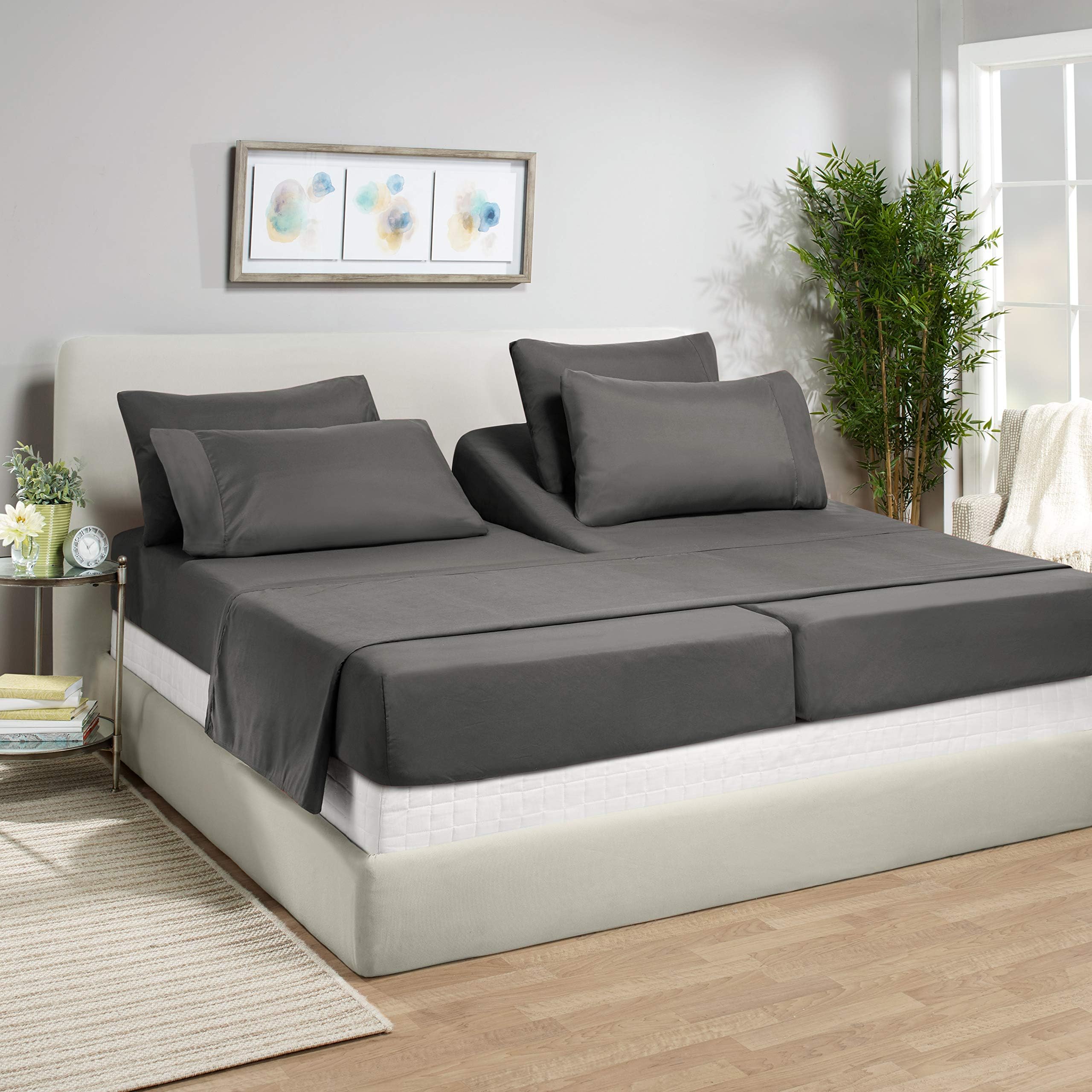 Empyrean Split King Sheets Set - 110 GSM 7 Piece Bed Sheets for Split King Size Bed, Double Brushed Split King Size Sheets, Hotel Luxury Sheets, Soft Bedding Sheets & Pillowcases - Charcoal Gray