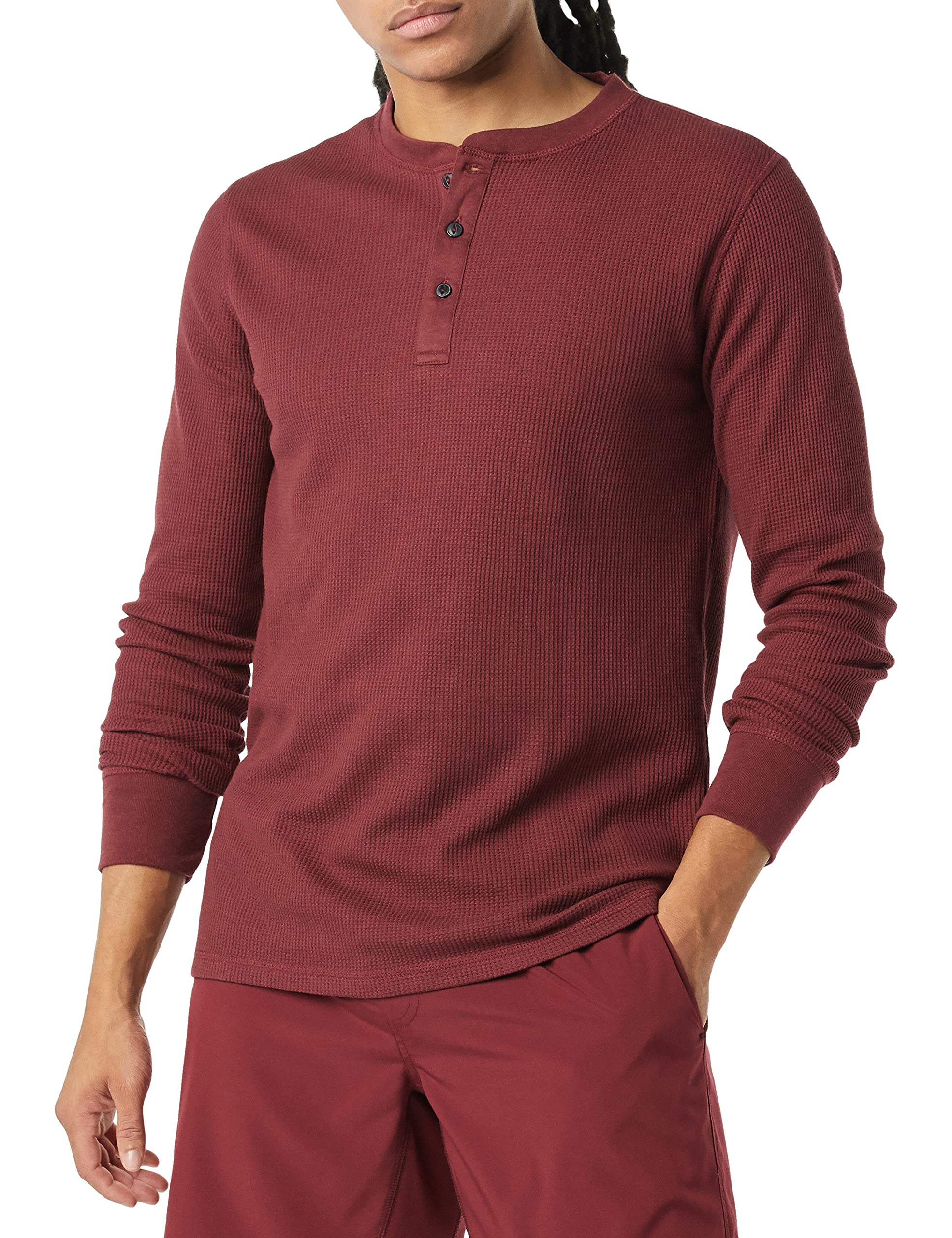 Amazon Essentials Men's Regular-Fit Long-Sleeve Waffle Henley Shirt, Burgundy, XXL