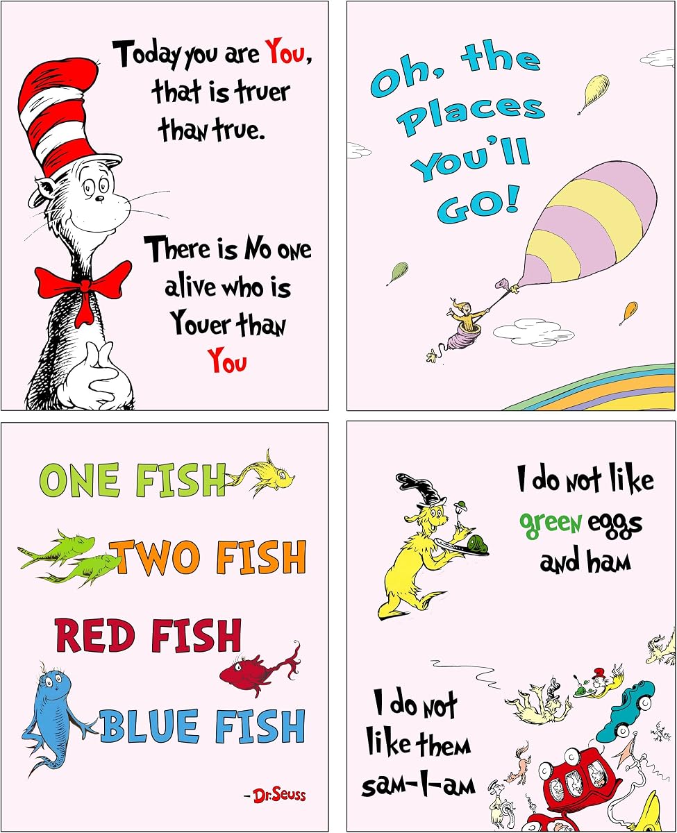 Dr Seuss Juego de cuatro impresiones artísticas - Decoración de la habitación del bebé para niños (rosa)